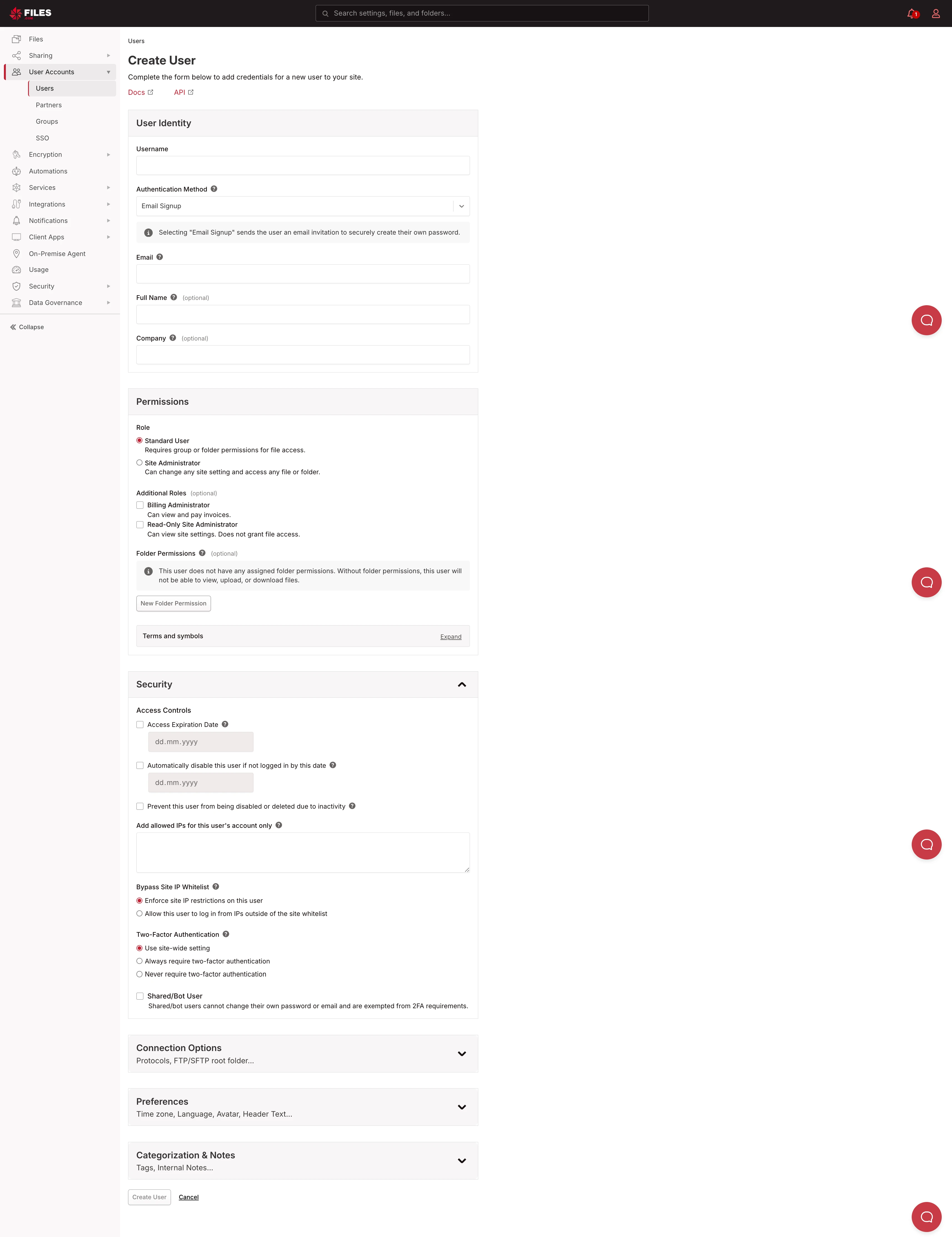 Formulaire Create User montrant les sections User Identity, Permissions, Security, Connection Options, Preferences et Categorization