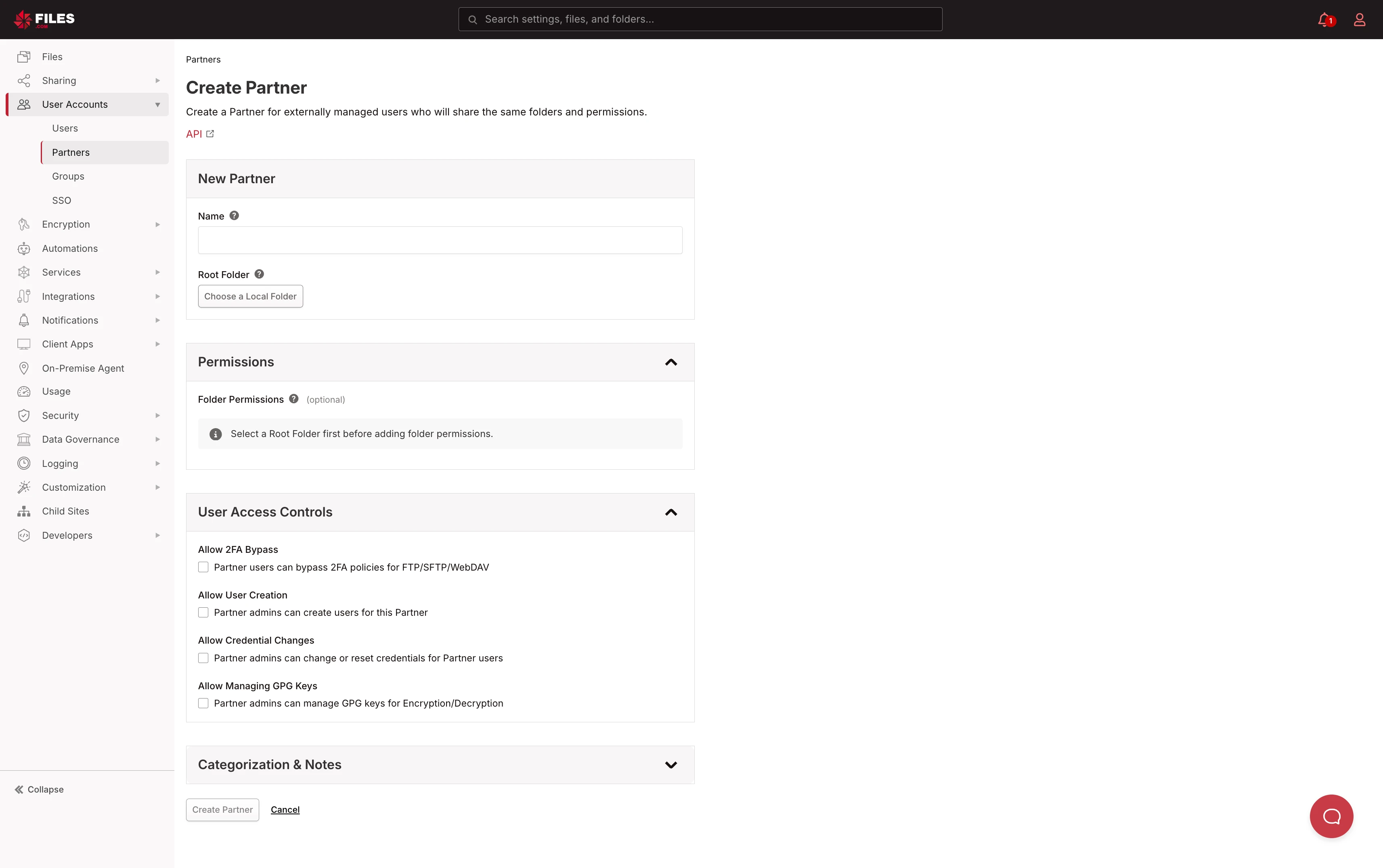 Create Partner form showing Name, Root Folder, Permissions, and User Access Controls sections Create Partner form showing Name, Root Folder, Permissions, and User Access Controls sections