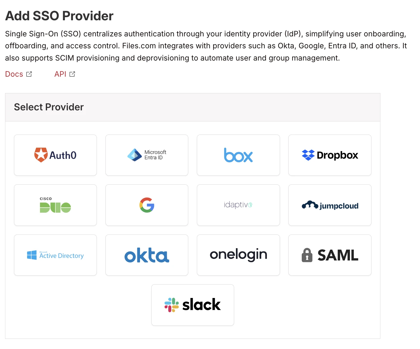 Add SSO Provider page showing 13 providers: Auth0, Microsoft Entra ID, Box, Dropbox, Cisco Duo, Google, Idaptive, JumpCloud, Microsoft Active Directory, Okta, OneLogin, SAML, Slack Add SSO Provider page showing 13 providers: Auth0, Microsoft Entra ID, Box, Dropbox, Cisco Duo, Google, Idaptive, JumpCloud, Microsoft Active Directory, Okta, OneLogin, SAML, Slack