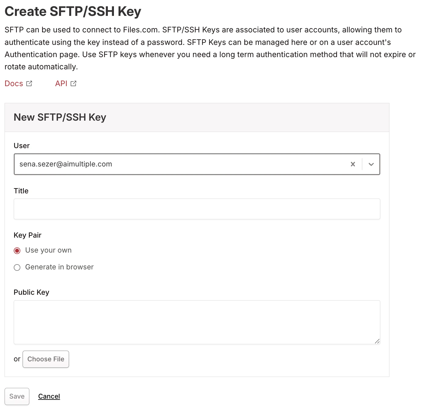 Create SFTP/SSH Key form with user selector, title field, key pair options (use your own / generate in browser), and public key inpu Create SFTP/SSH Key form with user selector, title field, key pair options (use your own / generate in browser), and public key inpu