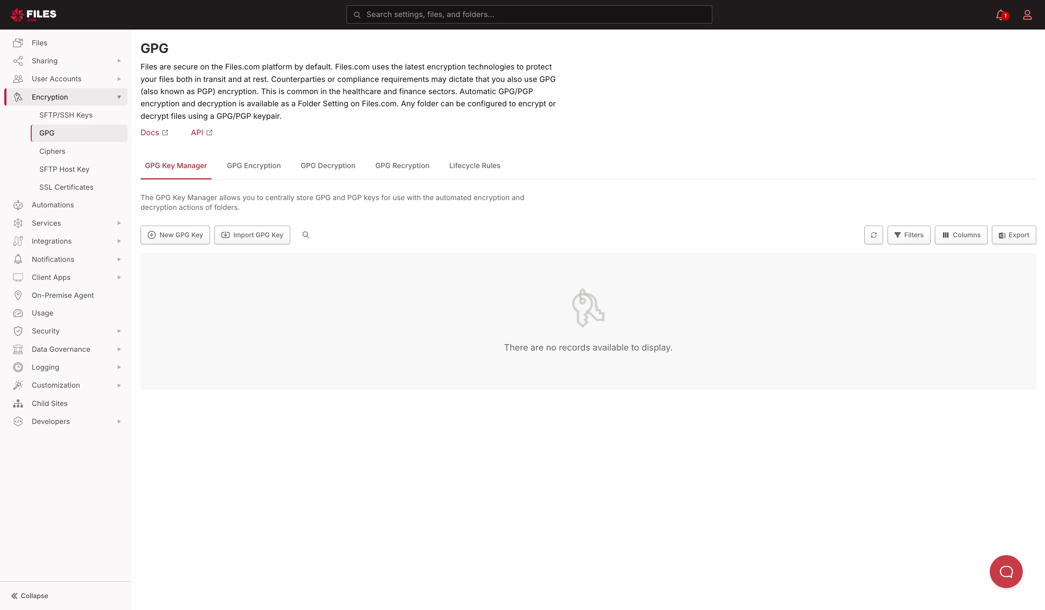 GPG page with tabs for GPG Key Manager, GPG Encryption, GPG Decryption, GPG Recryption, and Lifecycle Rules GPG page with tabs for GPG Key Manager, GPG Encryption, GPG Decryption, GPG Recryption, and Lifecycle Rules