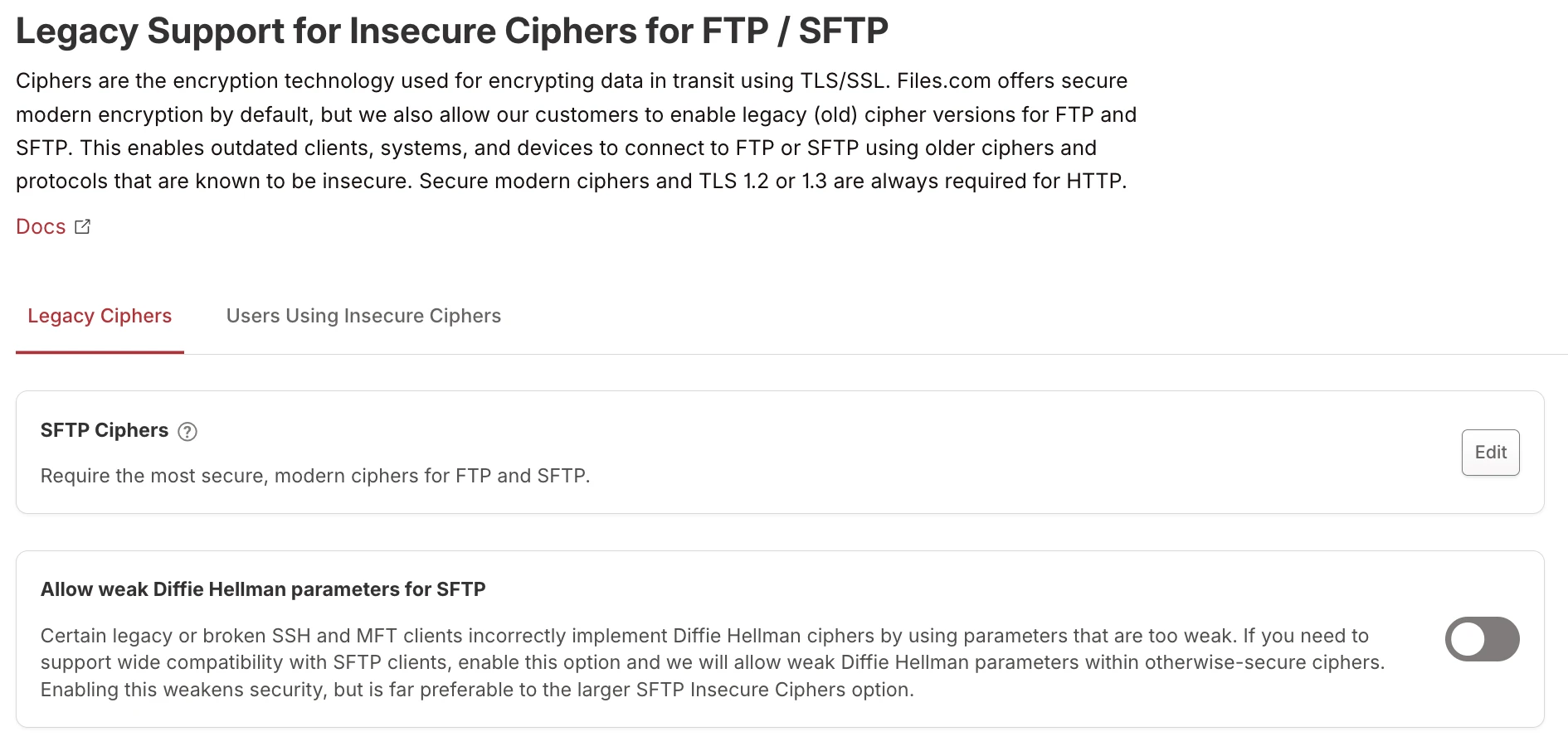 Legacy Support for Insecure Ciphers page showing SFTP Ciphers setting and Allow weak Diffie Hellman parameters toggle Legacy Support for Insecure Ciphers page showing SFTP Ciphers setting and Allow weak Diffie Hellman parameters toggle