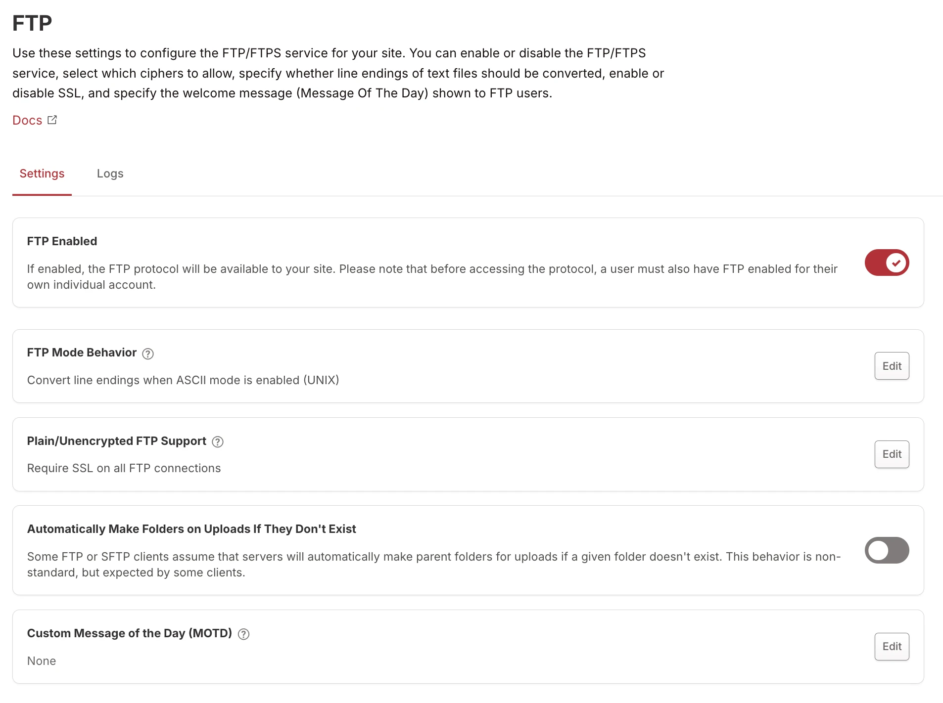 FTP settings page showing FTP Enabled toggle (on), FTP Mode Behavior, Plain/Unencrypted FTP Support, Automatically Make Folders on Uploads, and Custom MOTD settings FTP settings page showing FTP Enabled toggle (on), FTP Mode Behavior, Plain/Unencrypted FTP Support, Automatically Make Folders on Uploads, and Custom MOTD settings