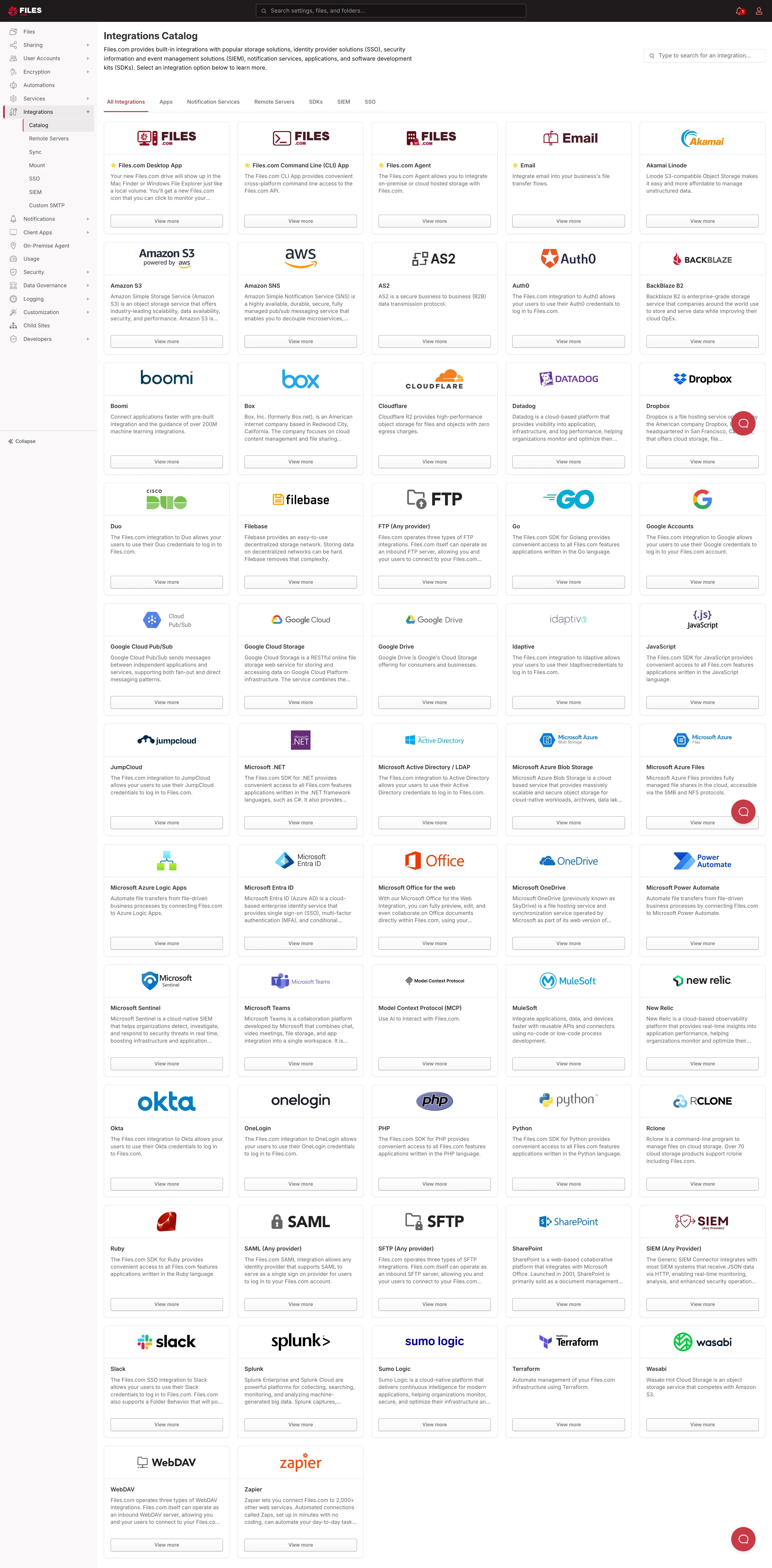 Integrations Catalog showing a full grid of third-party integration tiles Integrations Catalog showing a full grid of third-party integration tiles