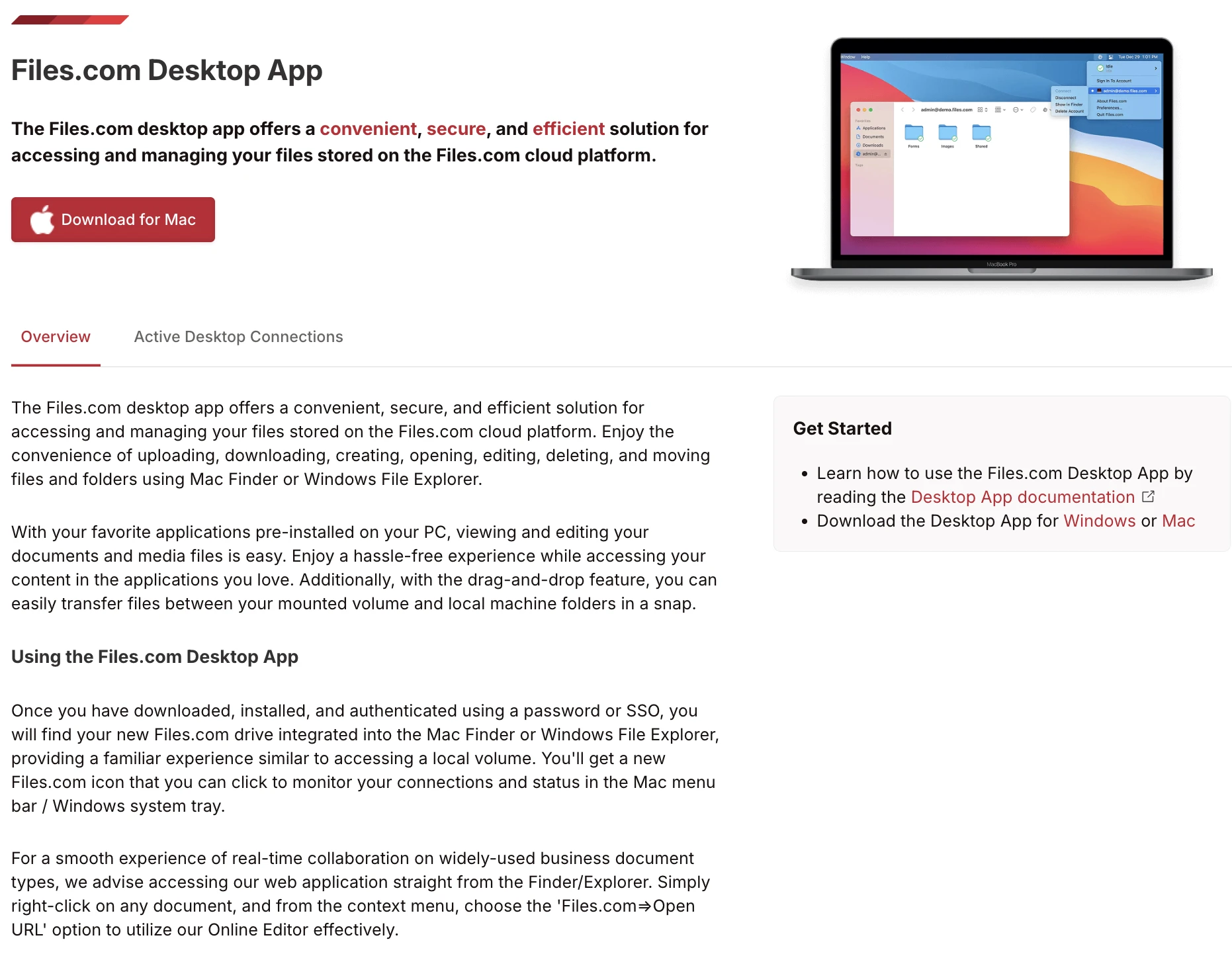Files.com Desktop App page showing Download for Mac button, overview text, and links to Windows/Mac downloads Files.com Desktop App page showing Download for Mac button, overview text, and links to Windows/Mac downloads