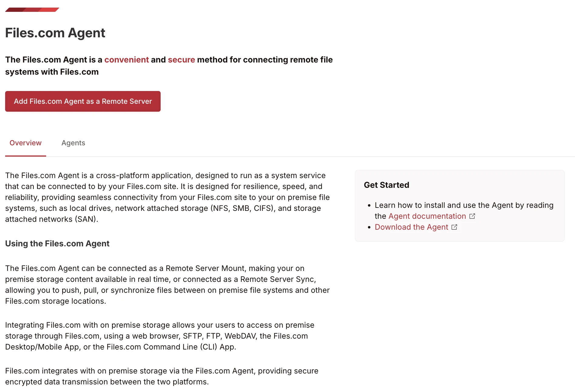 Files.com Agent page showing overview text describing cross-platform system service for connecting on-premise file systems (NFS, SMB, CIFS, SAN) to Files.com Files.com Agent page showing overview text describing cross-platform system service for connecting on-premise file systems (NFS, SMB, CIFS, SAN) to Files.com