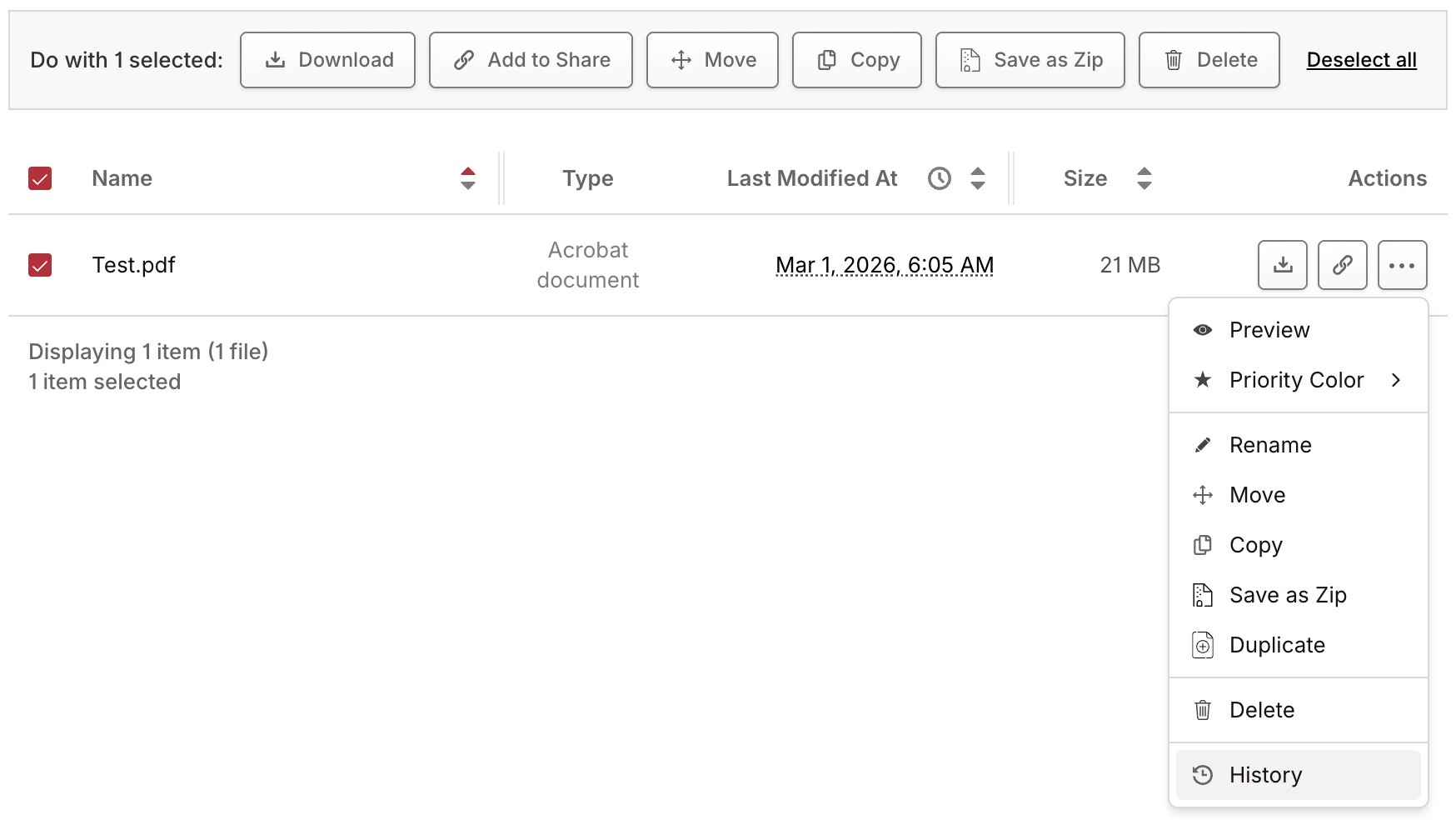 Actions context menu open for Test.pdf Actions context menu open for Test.pdf