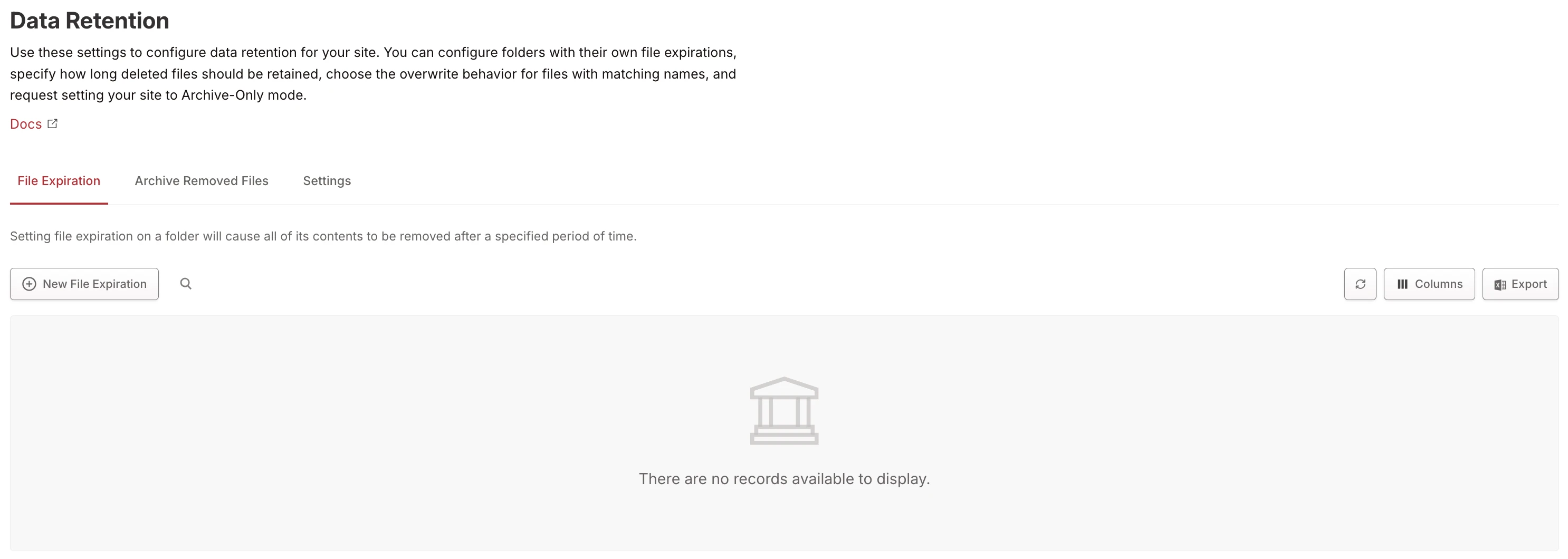 Data Retention page showing File Expiration, Archive Removed Files, and Settings tabs Data Retention page showing File Expiration, Archive Removed Files, and Settings tabs