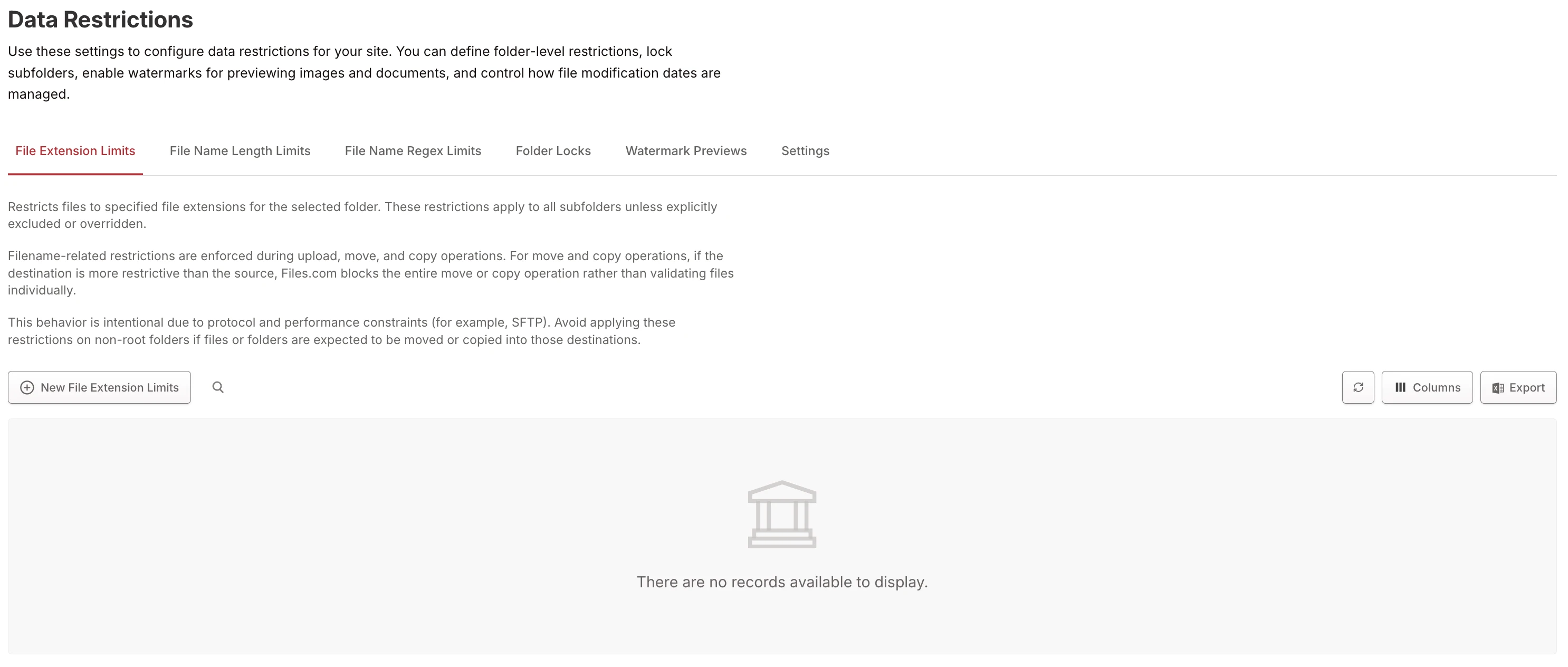 Data Restrictions page showing tabs for File Extension Limits, File Name Length Limits, File Name Regex Limits, Folder Locks, Watermark Previews, and Settings Data Restrictions page showing tabs for File Extension Limits, File Name Length Limits, File Name Regex Limits, Folder Locks, Watermark Previews, and Settings