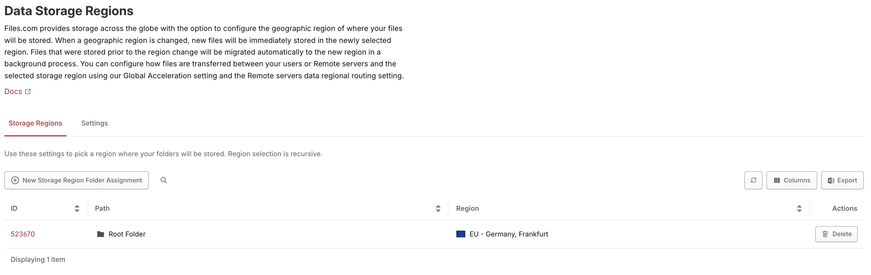 Data Storage Regions page showing Root Folder assigned to EU – Germany, Frankfurt Data Storage Regions page showing Root Folder assigned to EU – Germany, Frankfurt