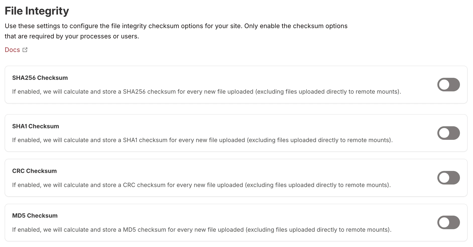 File Integrity page showing toggles for SHA256, SHA1, CRC, and MD5 checksum calculation on upload File Integrity page showing toggles for SHA256, SHA1, CRC, and MD5 checksum calculation on upload