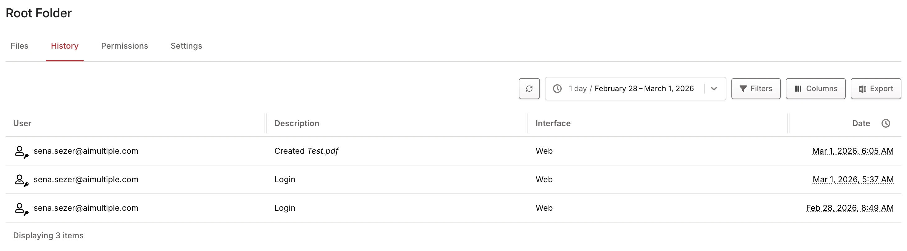 History tab showing 3 log entries for sena.sezer@aimultiple.com History tab showing 3 log entries for sena.sezer@aimultiple.com