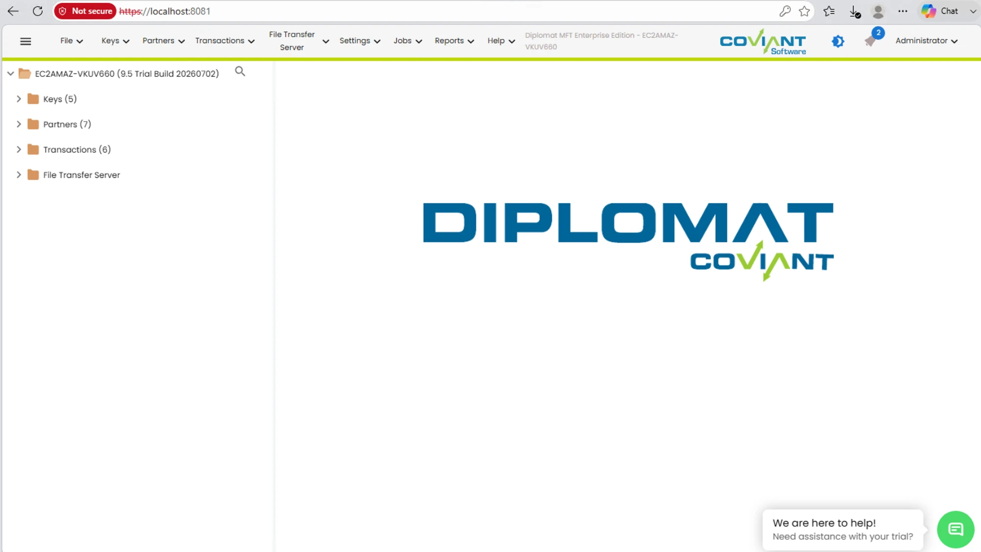 Panel principal, árbol de la barra lateral izquierda, logo de Diplomat / Coviant