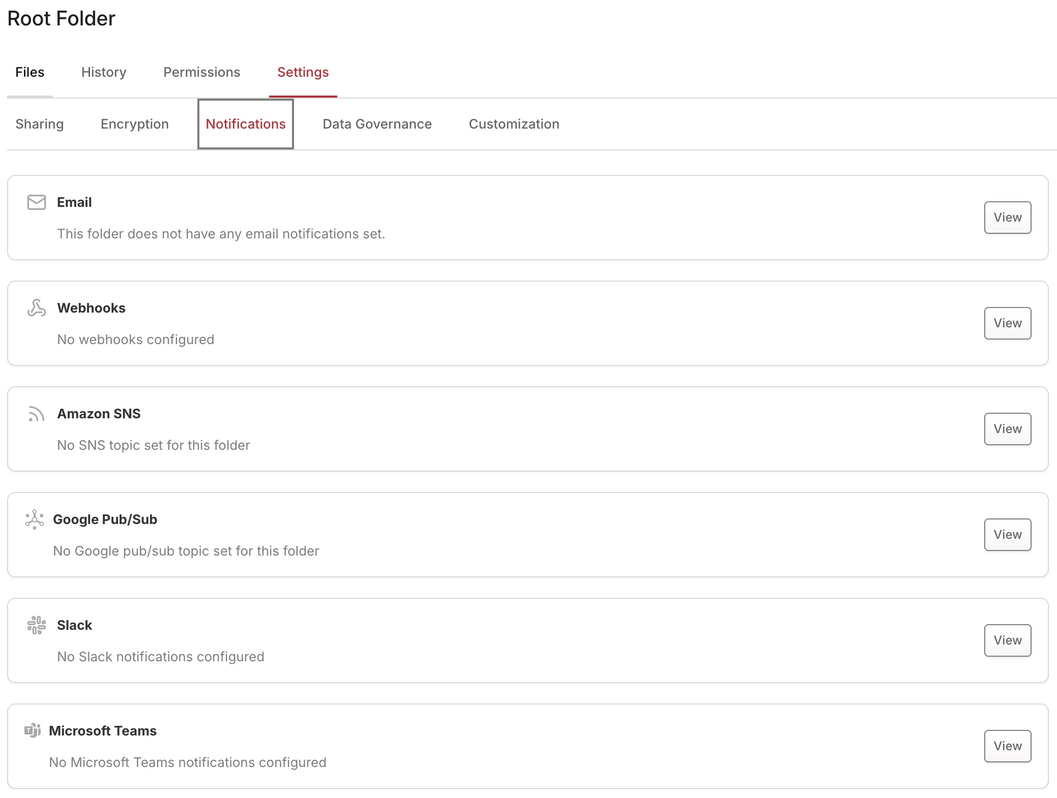 Notifications sub-tab showing all six channels unconfigured Notifications sub-tab showing all six channels unconfigured