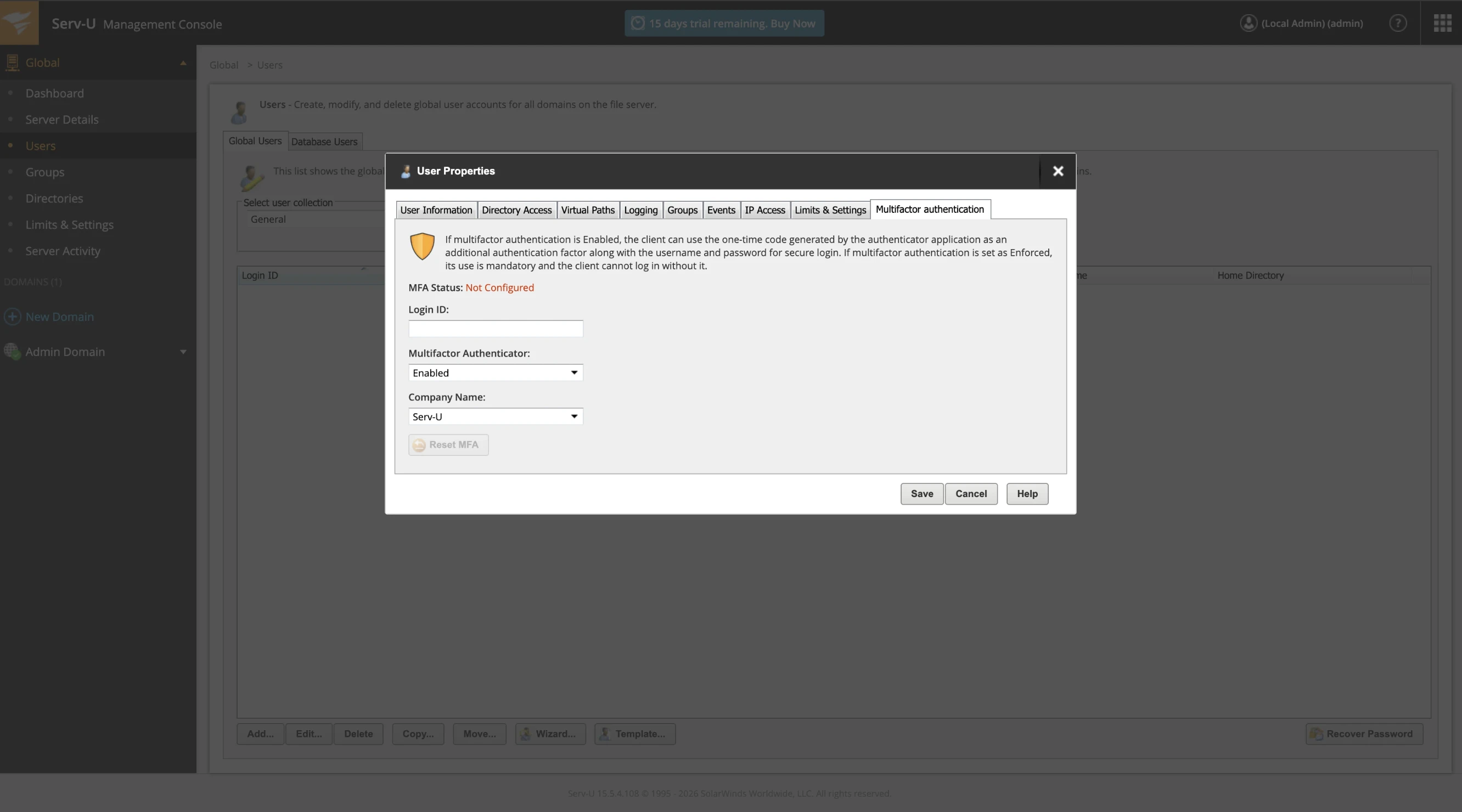 The Multifactor Authentication tab The Multifactor Authentication tab