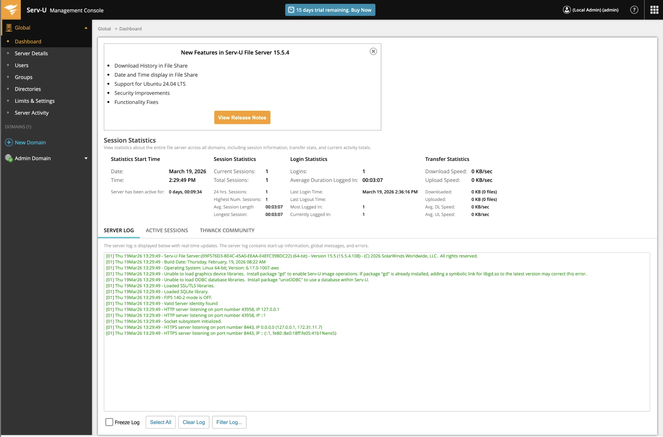 SolarWinds Serv-U MFT Server dashboard SolarWinds Serv-U MFT Server dashboard