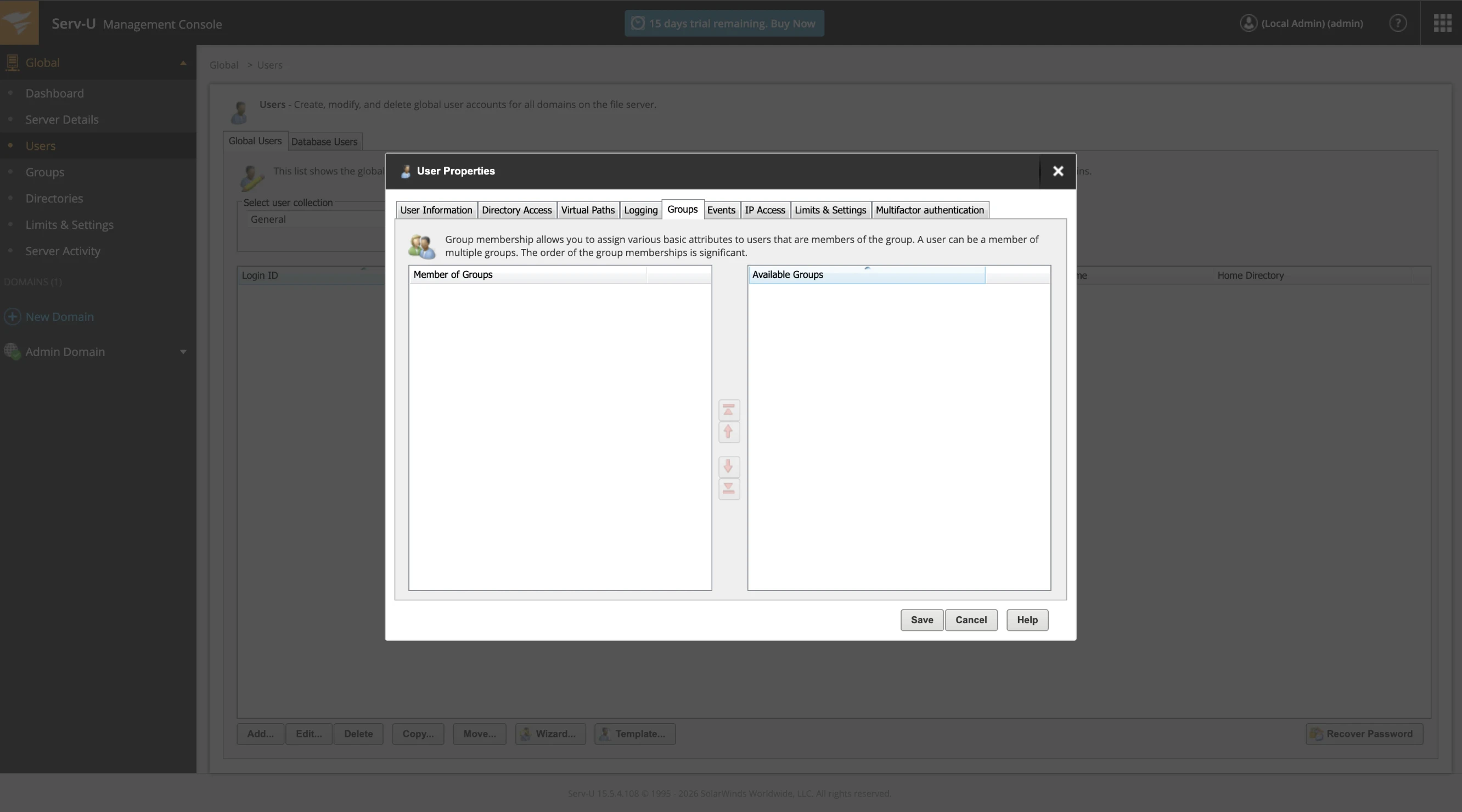 User properties groups tab User properties groups tab