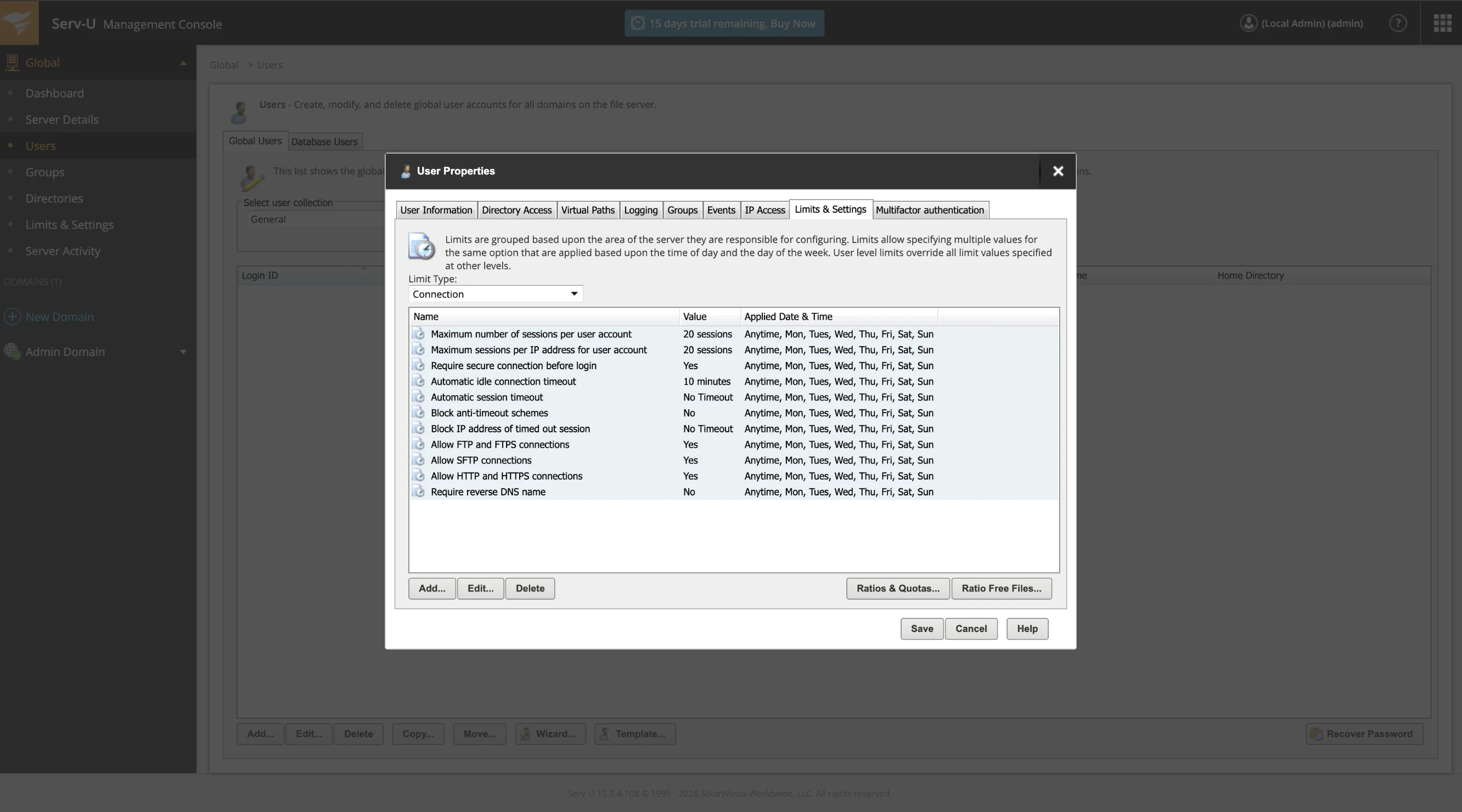 User properties limits and settings tab User properties limits and settings tab
