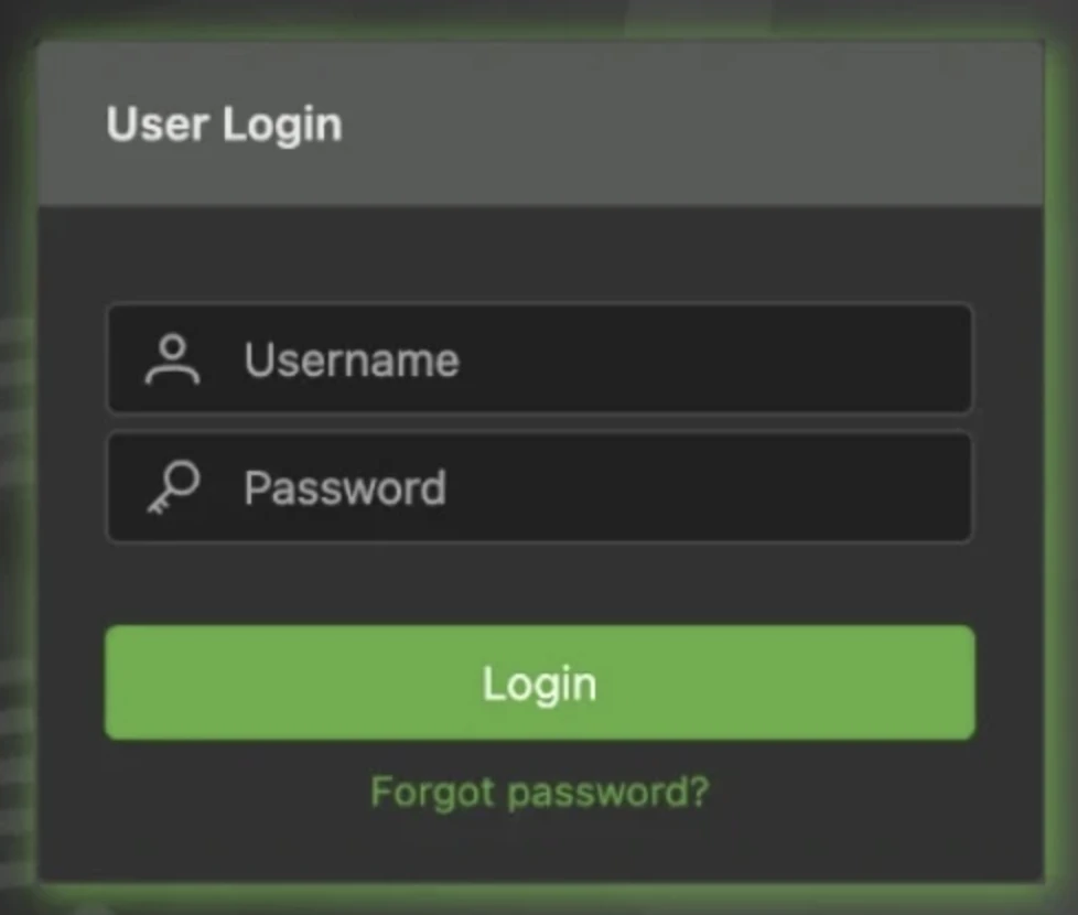 User Login screen, green Login button User Login screen, green Login button