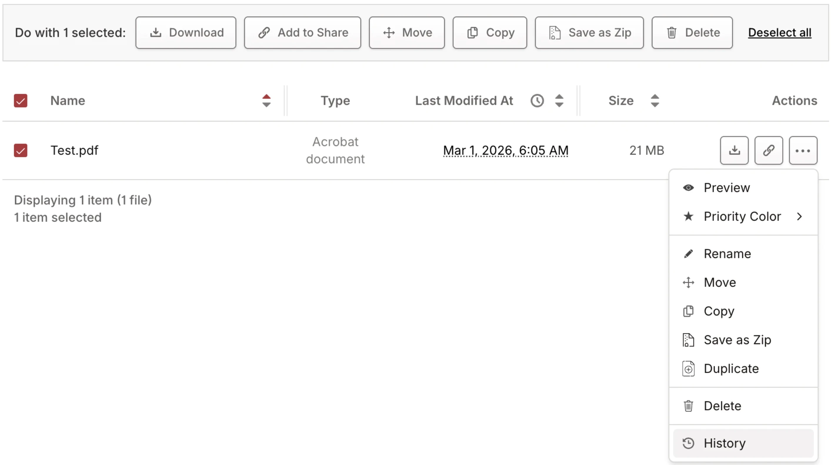 Actions context menu open for Test.pdf Actions context menu open for Test.pdf