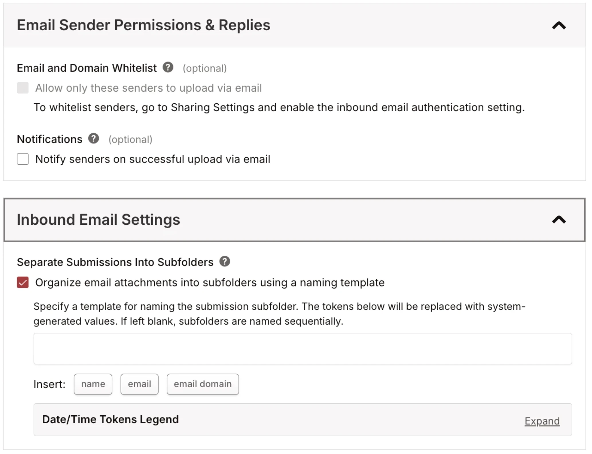 Email Sender Permissions & Replies and Inbound Email Settings sections Email Sender Permissions & Replies and Inbound Email Settings sections
