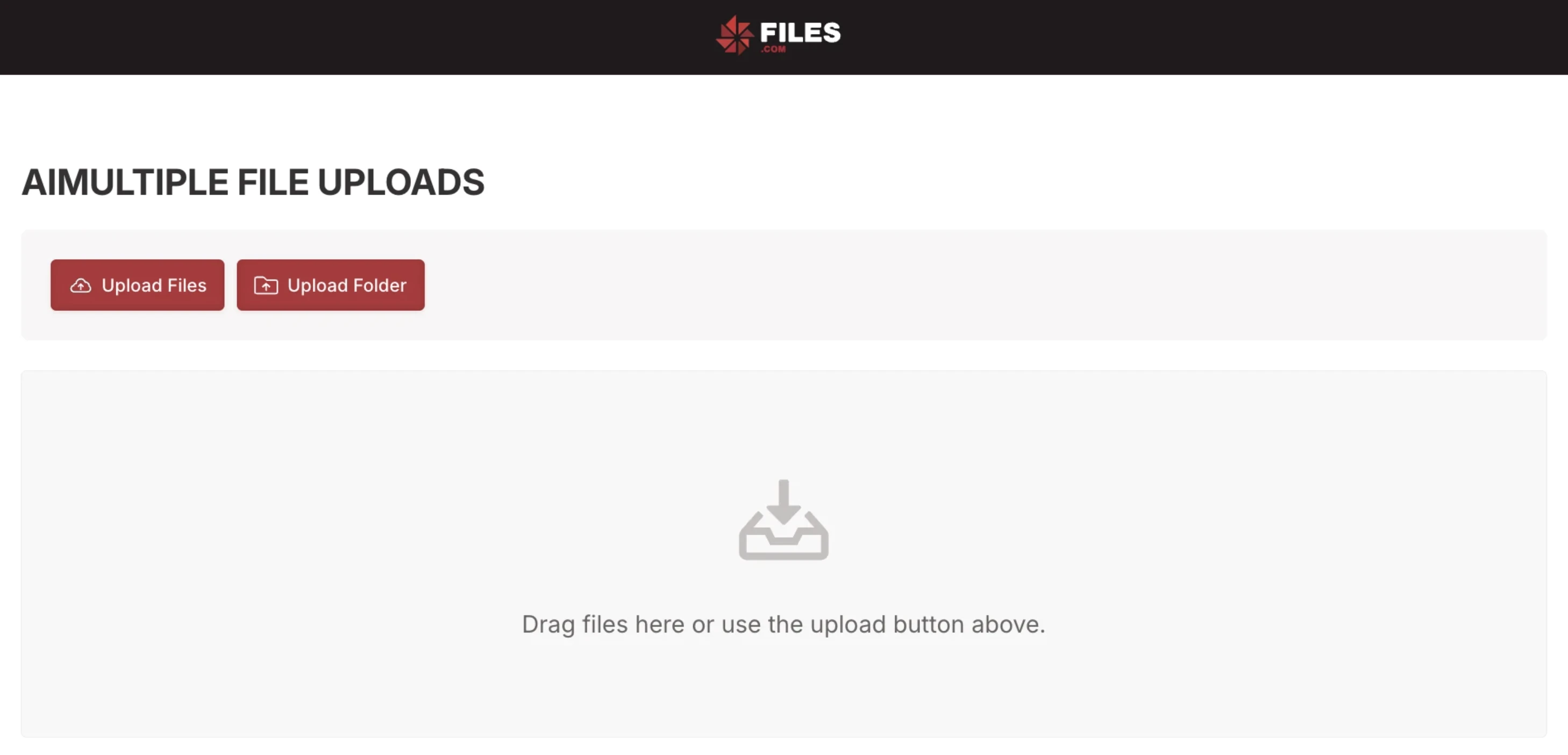 Public-facing inbox page showing "AIMULTIPLE FILE UPLOADS" title, Upload Files and Upload Folder buttons, drag-and-drop zone. Public-facing inbox page showing "AIMULTIPLE FILE UPLOADS" title, Upload Files and Upload Folder buttons, drag-and-drop zone.