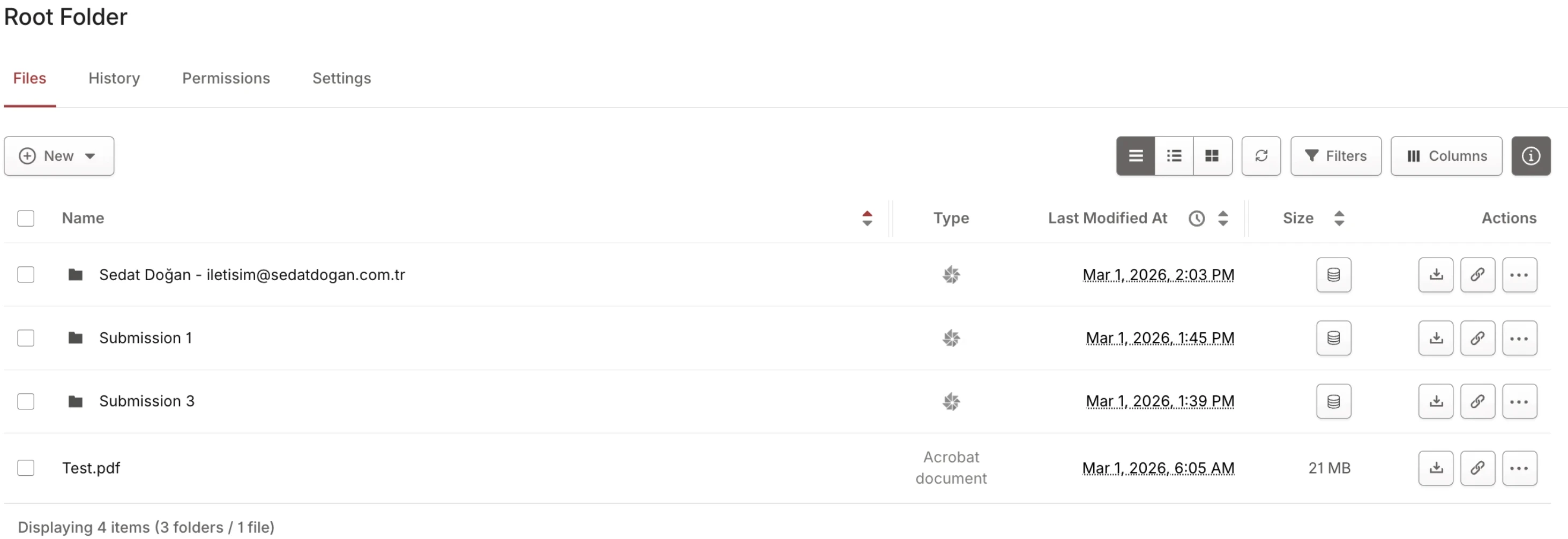 root Folder showing three submission subfolders: Submission 1, Submission 3, plus Test.pdf root Folder showing three submission subfolders: Submission 1, Submission 3, plus Test.pdf
