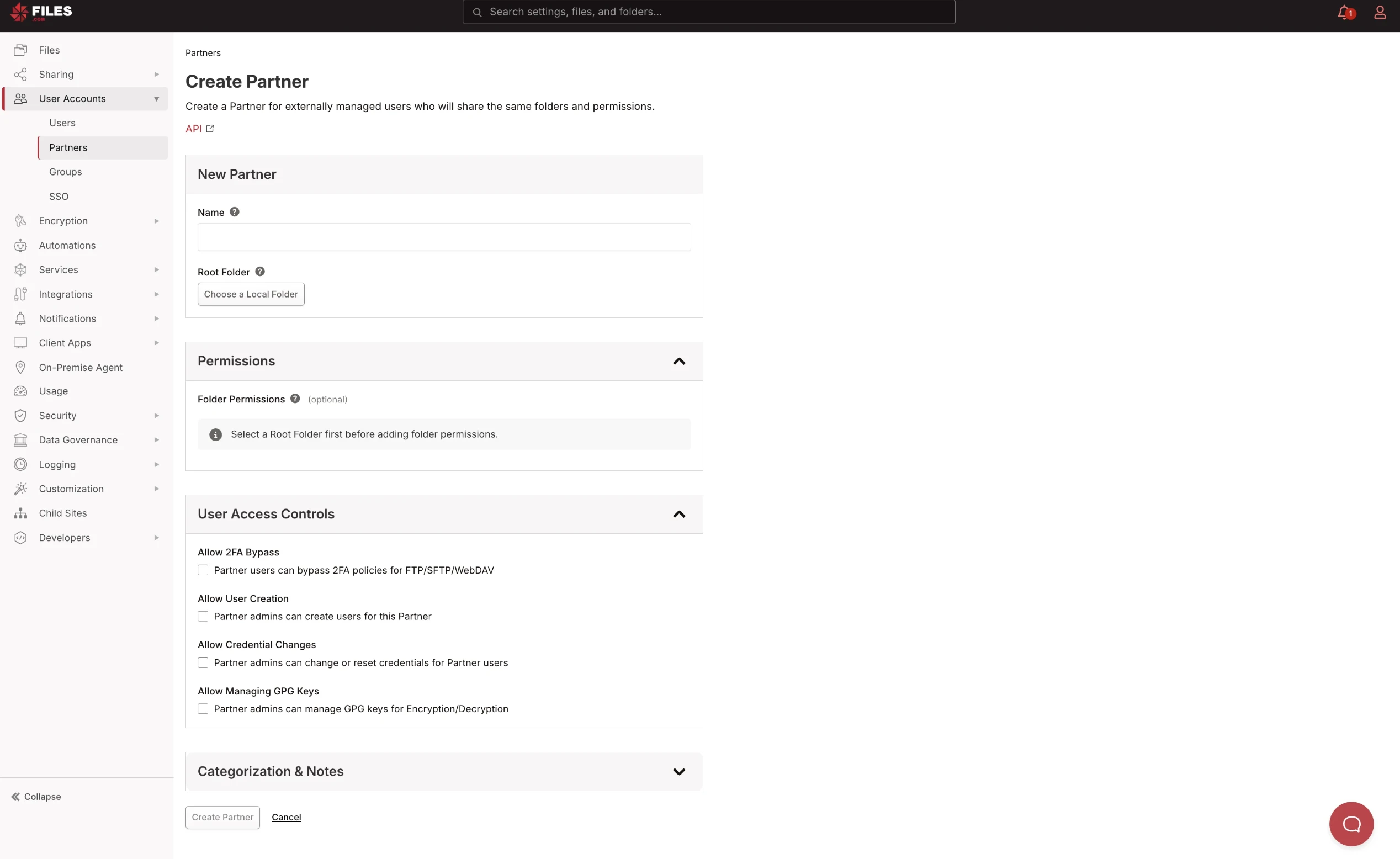 Create Partner form showing Name, Root Folder, Permissions, and User Access Controls sections Create Partner form showing Name, Root Folder, Permissions, and User Access Controls sections