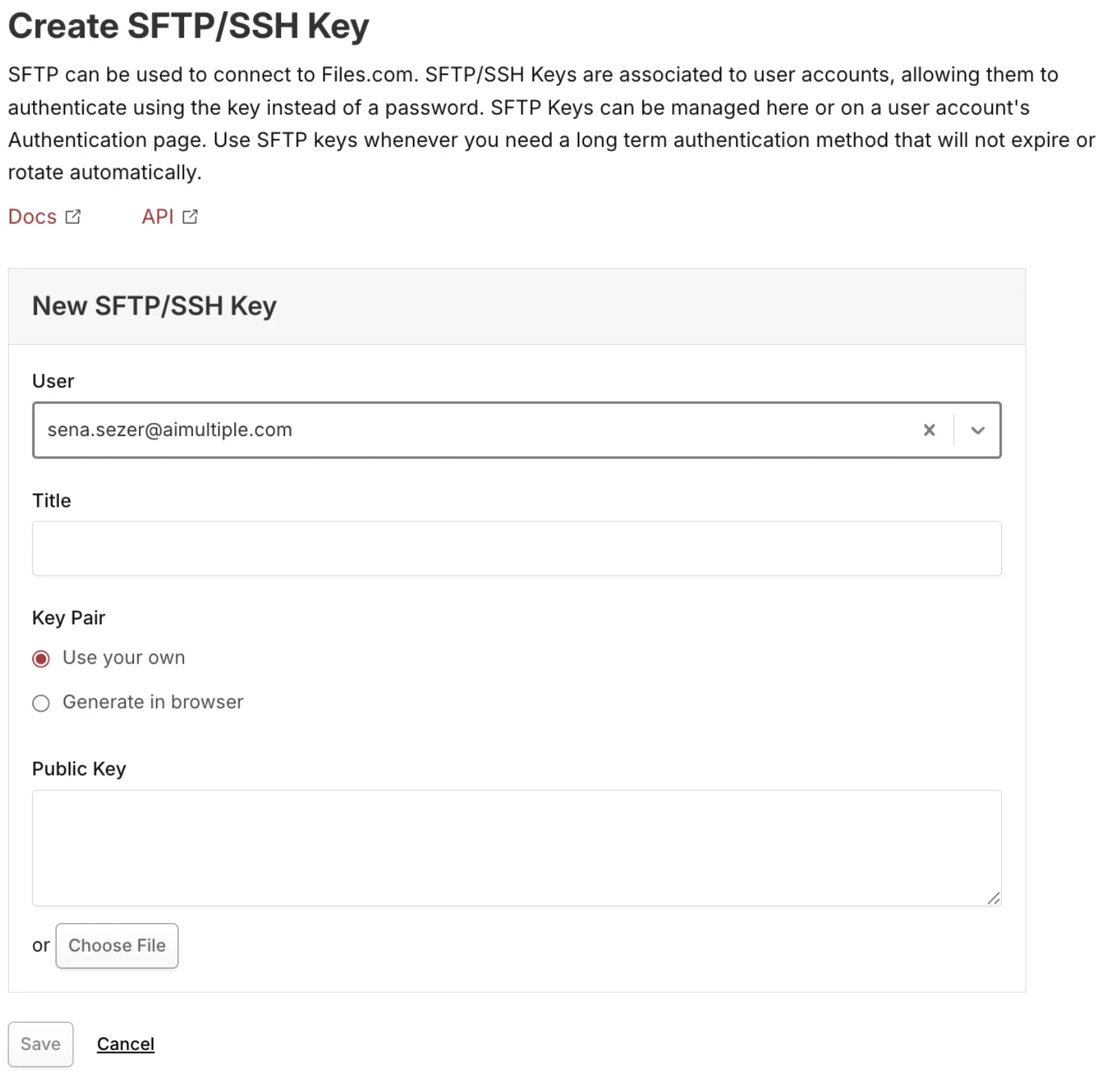 Create SFTP/SSH Key form with user selector, title field, key pair options (use your own / generate in browser), and public key inpu Create SFTP/SSH Key form with user selector, title field, key pair options (use your own / generate in browser), and public key inpu