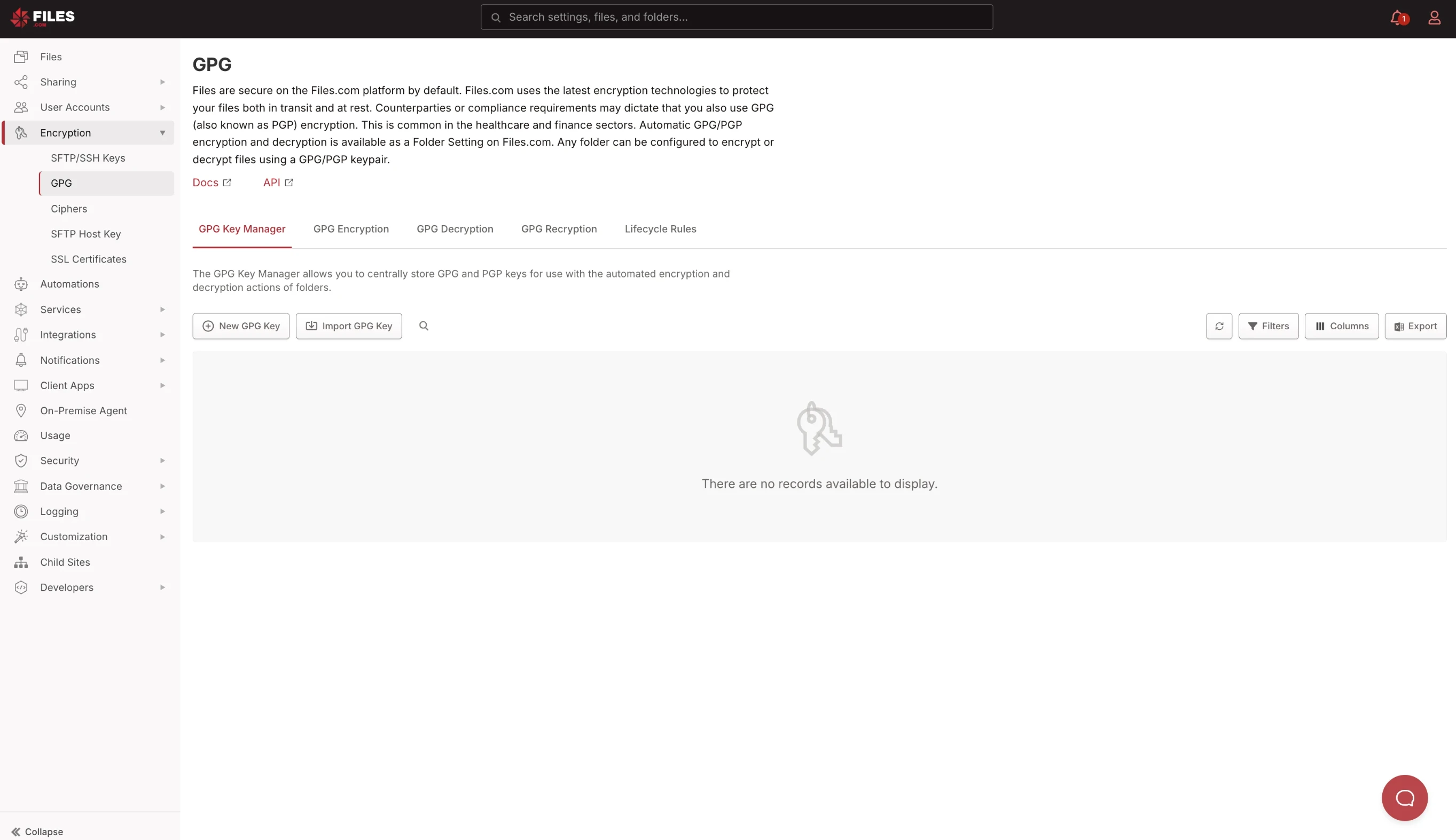 GPG page with tabs for GPG Key Manager, GPG Encryption, GPG Decryption, GPG Recryption, and Lifecycle Rules GPG page with tabs for GPG Key Manager, GPG Encryption, GPG Decryption, GPG Recryption, and Lifecycle Rules