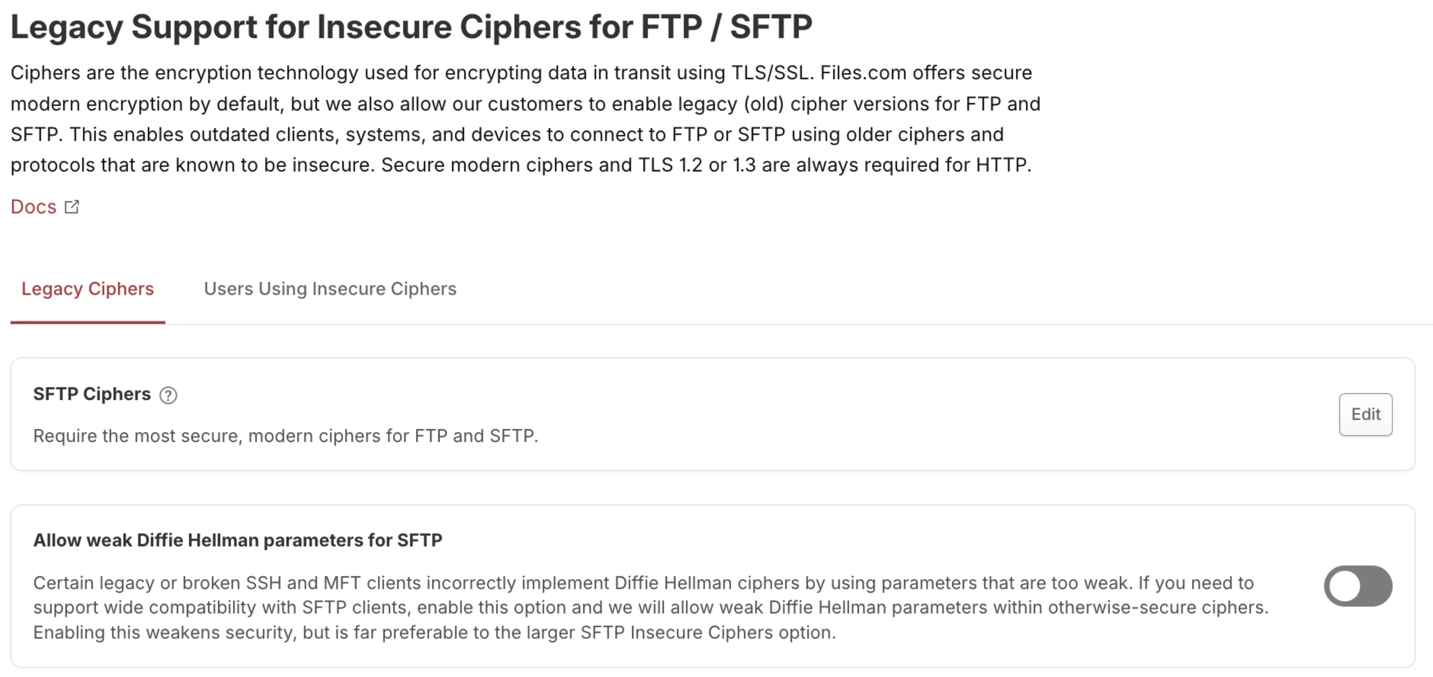 Legacy Support for Insecure Ciphers page showing SFTP Ciphers setting and Allow weak Diffie Hellman parameters toggle Legacy Support for Insecure Ciphers page showing SFTP Ciphers setting and Allow weak Diffie Hellman parameters toggle