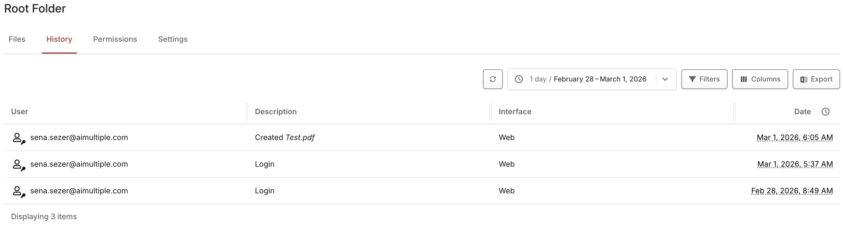 History tab showing 3 log entries for sena.sezer@aimultiple.com History tab showing 3 log entries for sena.sezer@aimultiple.com