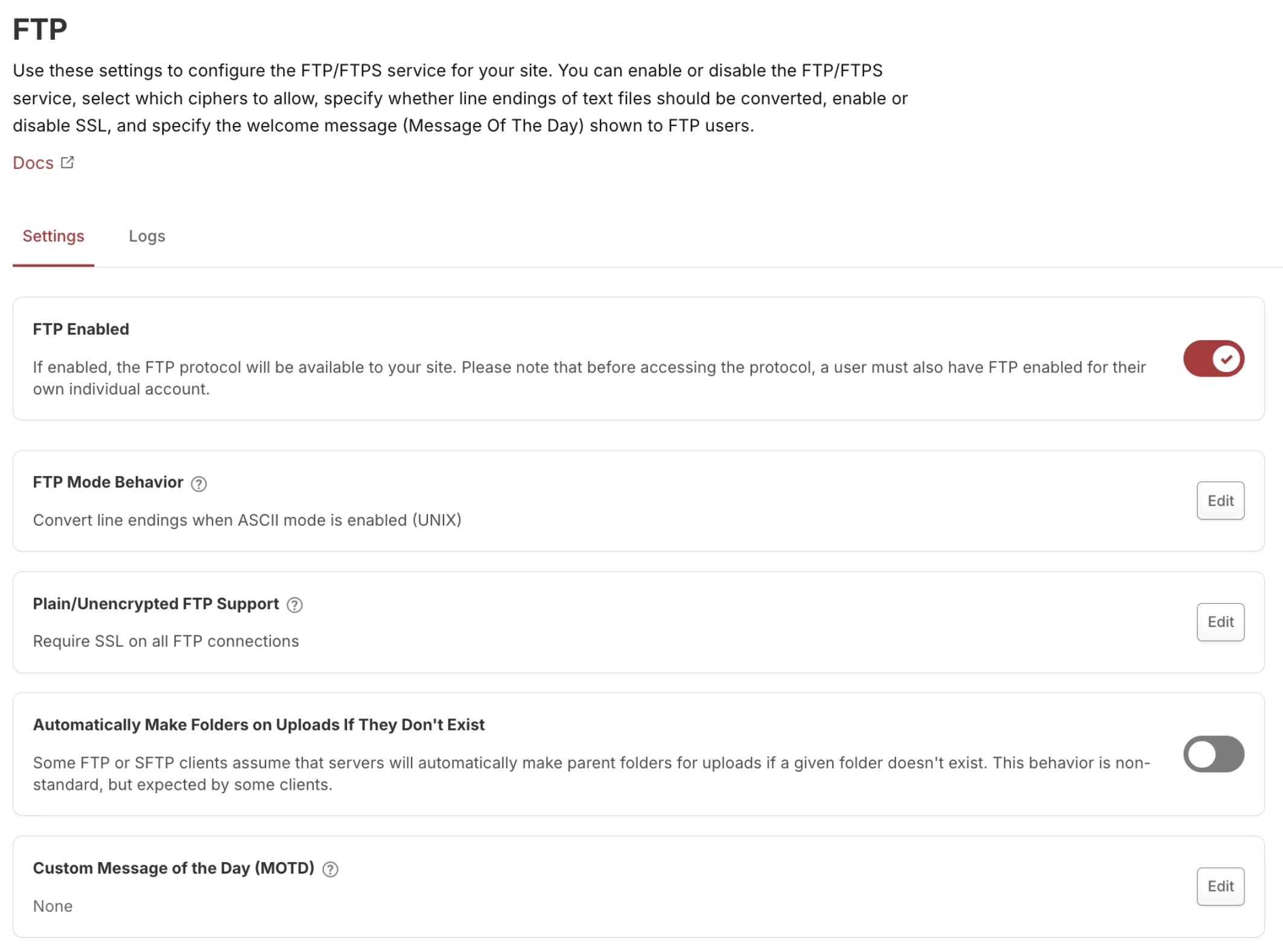 FTP settings page showing FTP Enabled toggle (on), FTP Mode Behavior, Plain/Unencrypted FTP Support, Automatically Make Folders on Uploads, and Custom MOTD settings FTP settings page showing FTP Enabled toggle (on), FTP Mode Behavior, Plain/Unencrypted FTP Support, Automatically Make Folders on Uploads, and Custom MOTD settings