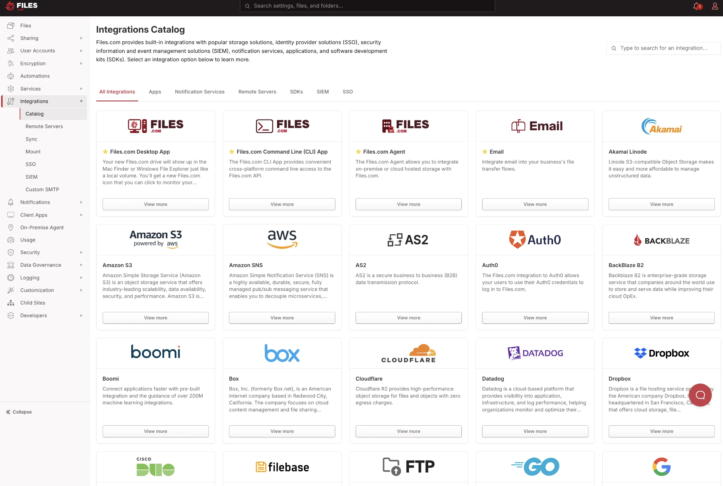 Integrations Catalog showing a full grid of third-party integration tiles Integrations Catalog showing a full grid of third-party integration tiles