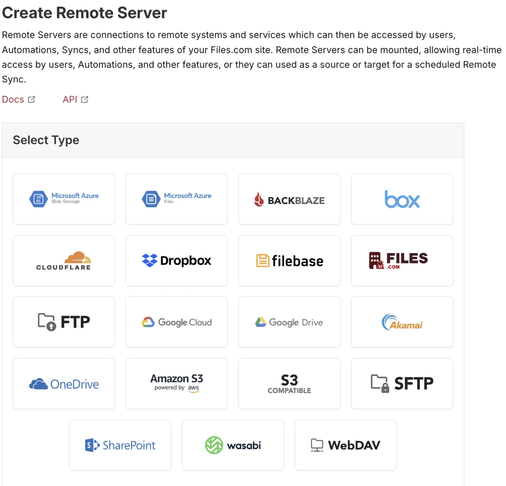 Create Remote Server page showing 19 storage type options including Azure Blob, Azure Files, Backblaze, Box, Cloudflare, Dropbox, Filebase, Files.com, FTP, Google Cloud, Google Drive, Akamai, OneDrive, Amazon S3, S3 Compatible, SFTP, SharePoint, Wasabi, WebDAV Create Remote Server page showing 19 storage type options including Azure Blob, Azure Files, Backblaze, Box, Cloudflare, Dropbox, Filebase, Files.com, FTP, Google Cloud, Google Drive, Akamai, OneDrive, Amazon S3, S3 Compatible, SFTP, SharePoint, Wasabi, WebDAV