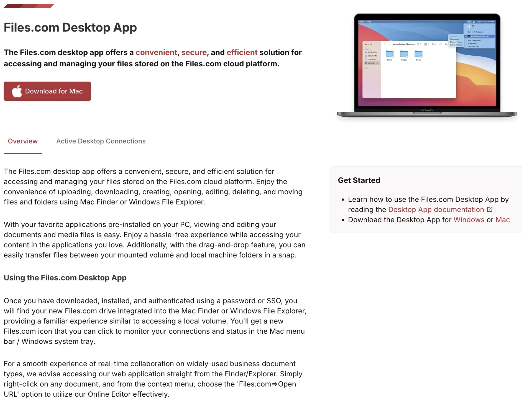 Files.com Desktop App page showing Download for Mac button, overview text, and links to Windows/Mac downloads Files.com Desktop App page showing Download for Mac button, overview text, and links to Windows/Mac downloads