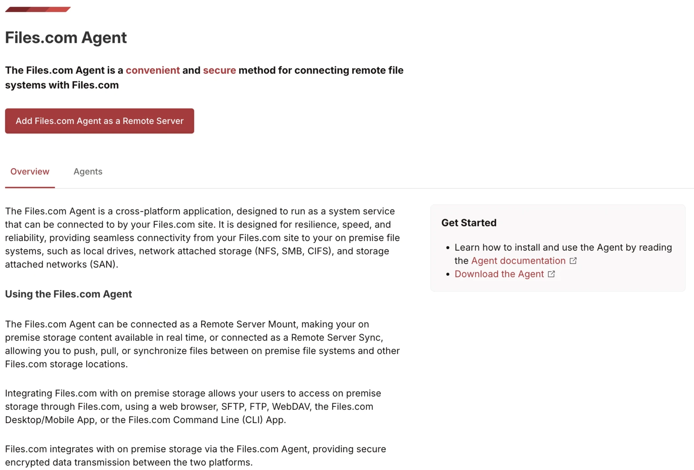 Files.com Agent page showing overview text describing cross-platform system service for connecting on-premise file systems (NFS, SMB, CIFS, SAN) to Files.com Files.com Agent page showing overview text describing cross-platform system service for connecting on-premise file systems (NFS, SMB, CIFS, SAN) to Files.com