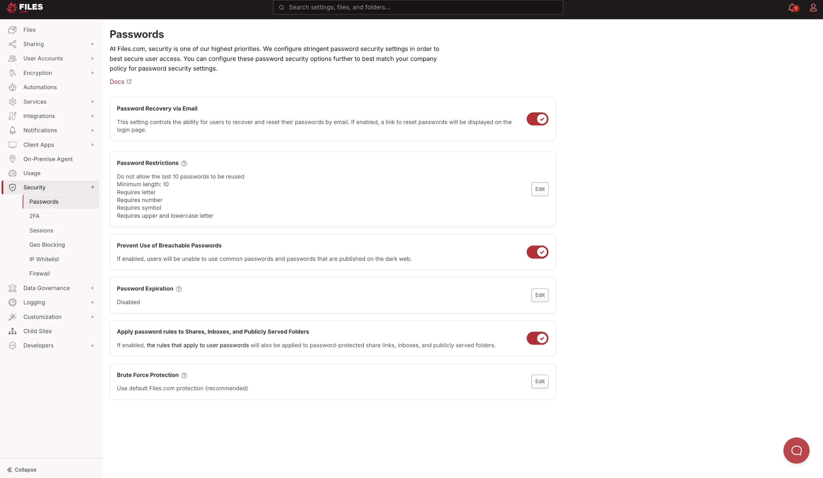 Passwords page showing Password Recovery via Email (on), Password Restrictions (min 10 chars, requires letter/number/symbol/upper+lowercase, no last 10 reuse), Prevent Use of Breachable Passwords (on), Password Expiration (disabled), Apply password rules to Shares/Inboxes/Publicly Served Folders (on), Brute Force Protection Passwords page showing Password Recovery via Email (on), Password Restrictions (min 10 chars, requires letter/number/symbol/upper+lowercase, no last 10 reuse), Prevent Use of Breachable Passwords (on), Password Expiration (disabled), Apply password rules to Shares/Inboxes/Publicly Served Folders (on), Brute Force Protection