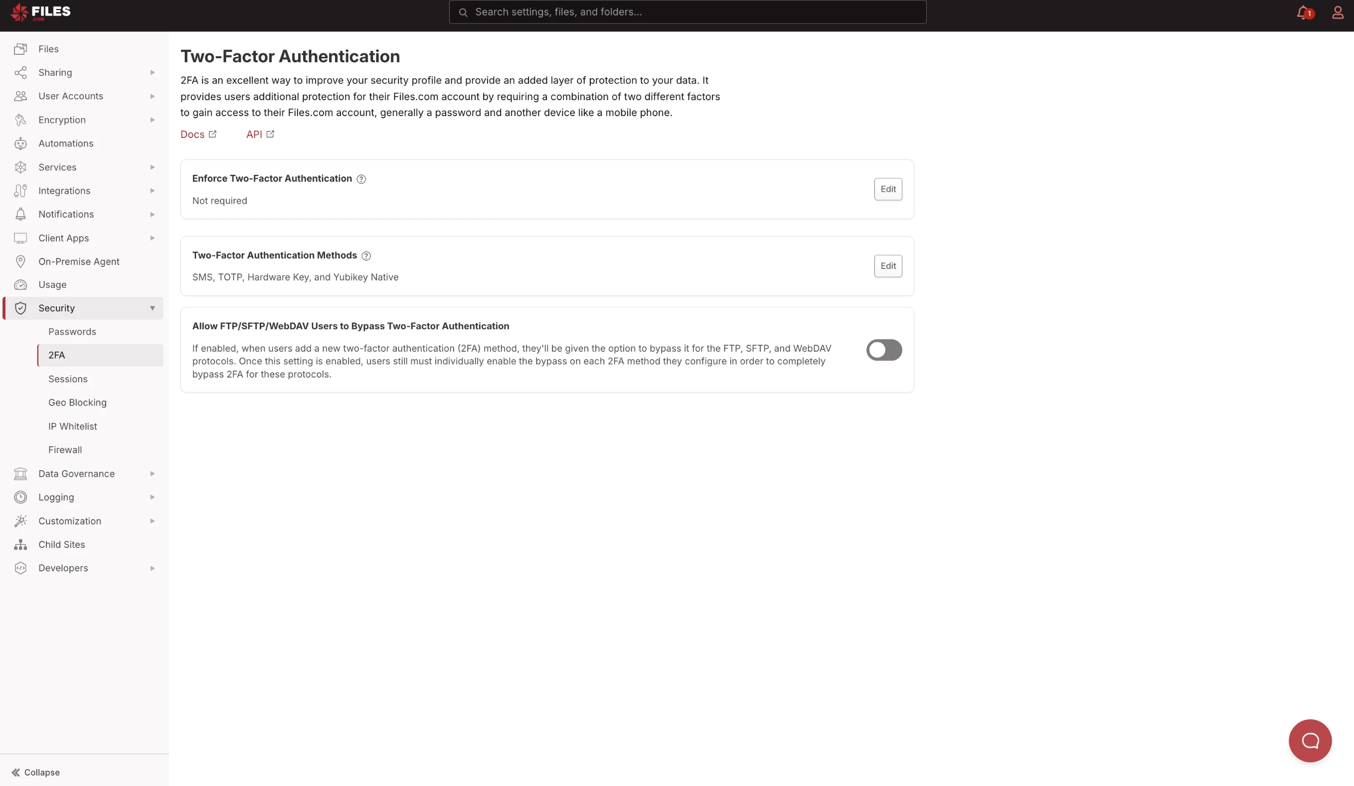 2FA page showing Enforce Two-Factor Authentication (not required), 2FA Methods (SMS, TOTP, Hardware Key, Yubikey Native), and Allow FTP/SFTP/WebDAV Users to Bypass 2FA toggle (off) 2FA page showing Enforce Two-Factor Authentication (not required), 2FA Methods (SMS, TOTP, Hardware Key, Yubikey Native), and Allow FTP/SFTP/WebDAV Users to Bypass 2FA toggle (off)