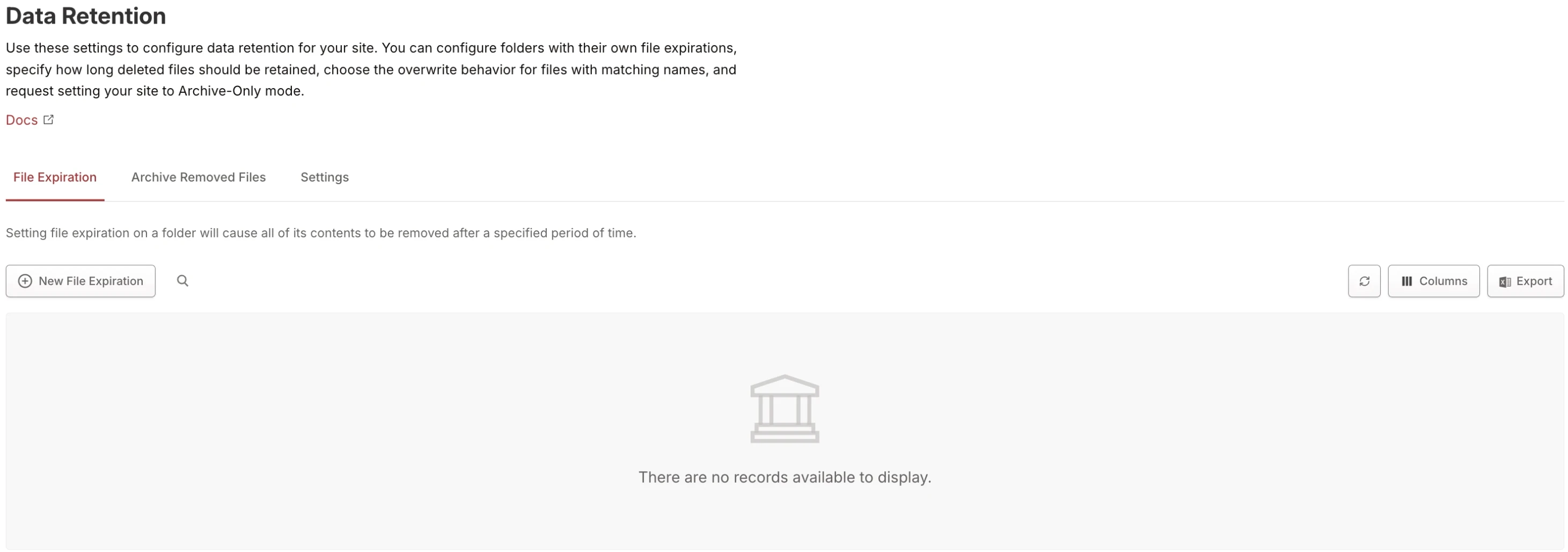 Data Retention page showing File Expiration, Archive Removed Files, and Settings tabs Data Retention page showing File Expiration, Archive Removed Files, and Settings tabs