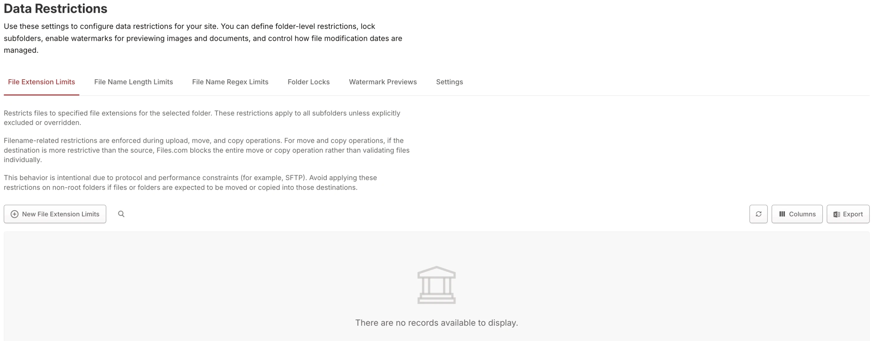 Data Restrictions page showing tabs for File Extension Limits, File Name Length Limits, File Name Regex Limits, Folder Locks, Watermark Previews, and Settings Data Restrictions page showing tabs for File Extension Limits, File Name Length Limits, File Name Regex Limits, Folder Locks, Watermark Previews, and Settings