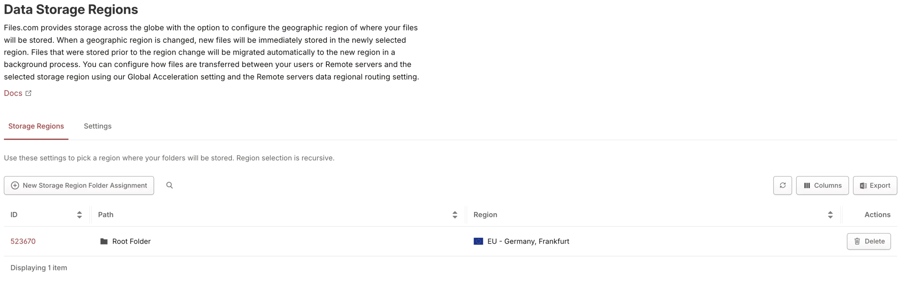 Data Storage Regions page showing Root Folder assigned to EU – Germany, Frankfurt Data Storage Regions page showing Root Folder assigned to EU – Germany, Frankfurt