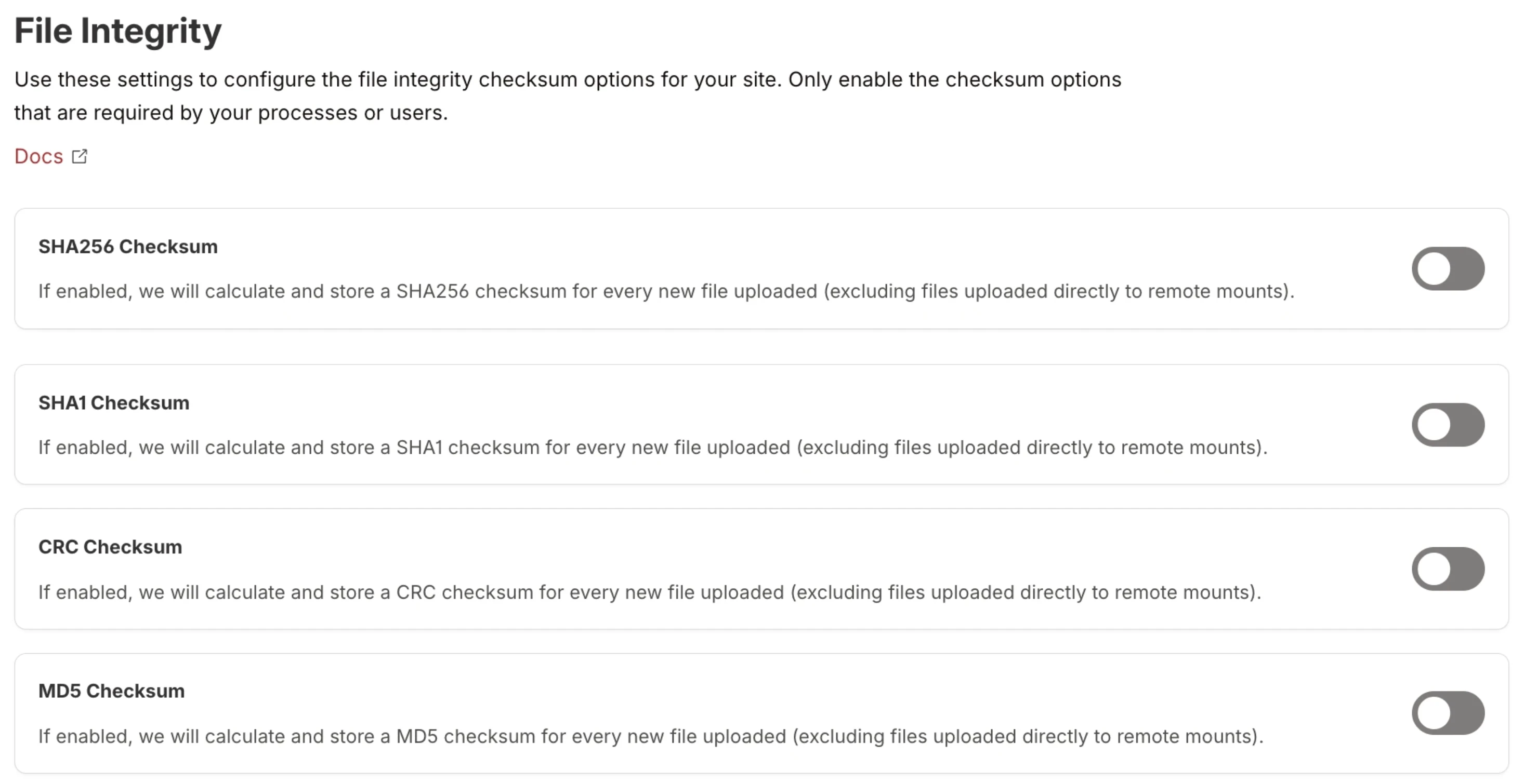 File Integrity page showing toggles for SHA256, SHA1, CRC, and MD5 checksum calculation on upload File Integrity page showing toggles for SHA256, SHA1, CRC, and MD5 checksum calculation on upload