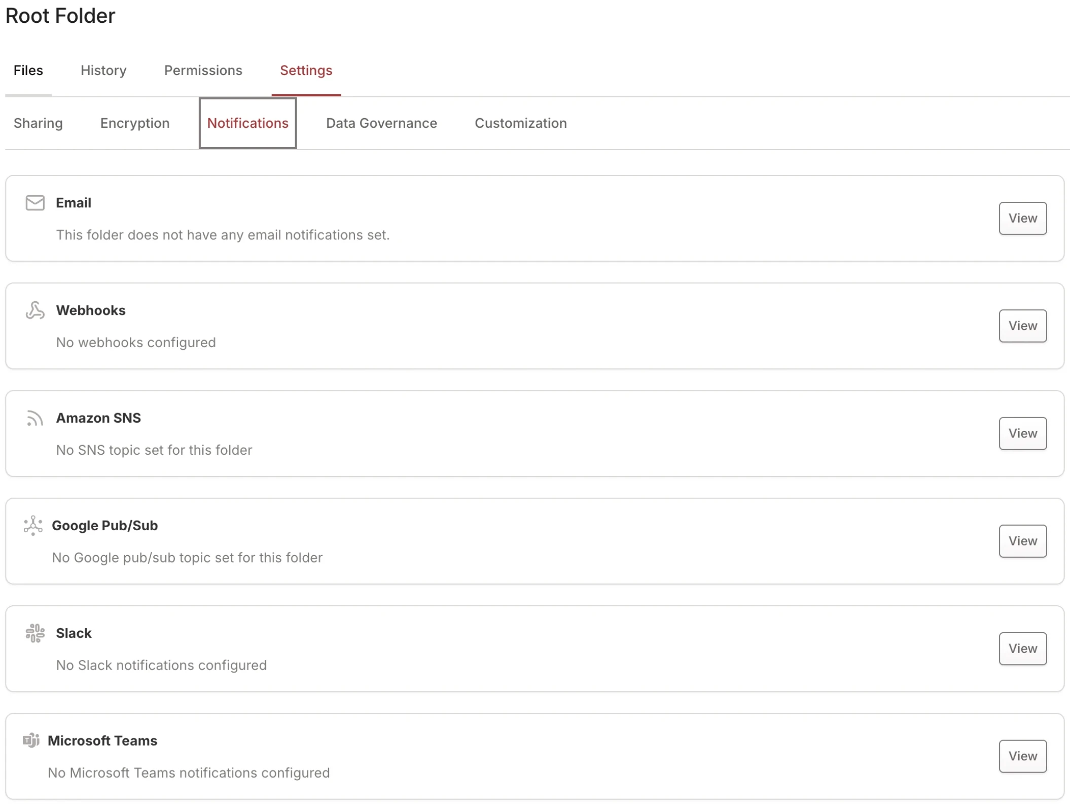 Notifications sub-tab showing all six channels unconfigured Notifications sub-tab showing all six channels unconfigured