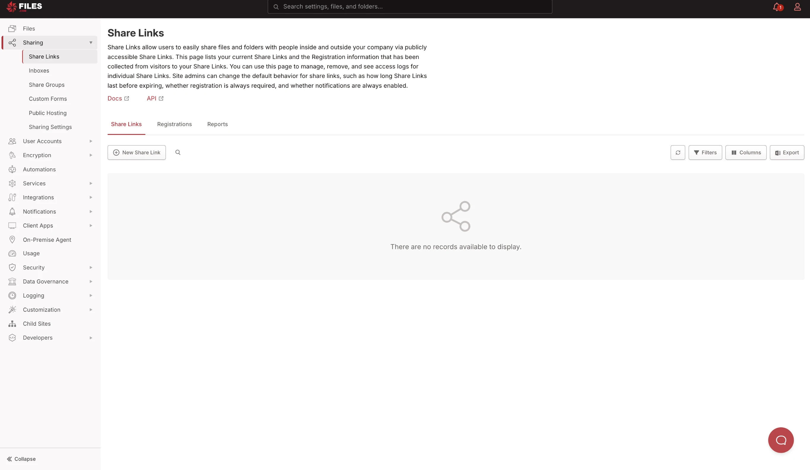 Share Links page, empty list, sub-menu expanded in sidebar Share Links page, empty list, sub-menu expanded in sidebar