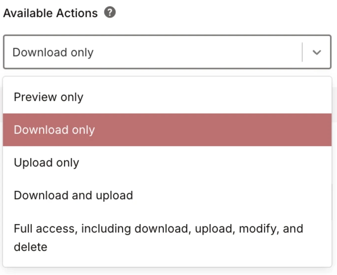 available actions dropdown expanded showing all five permission levels available actions dropdown expanded showing all five permission levels