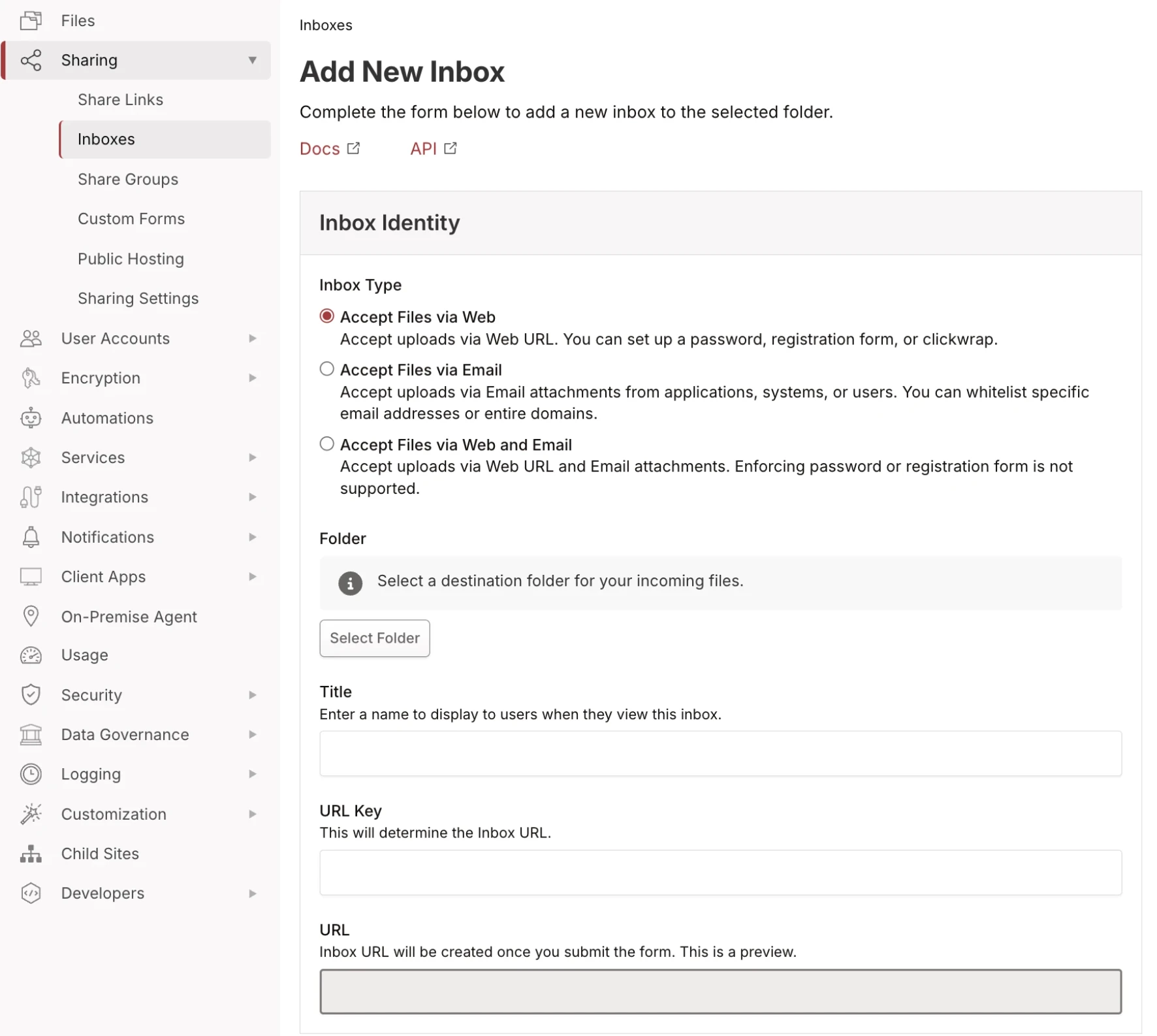 Add New Inbox form showing the three inbox type options Add New Inbox form showing the three inbox type options