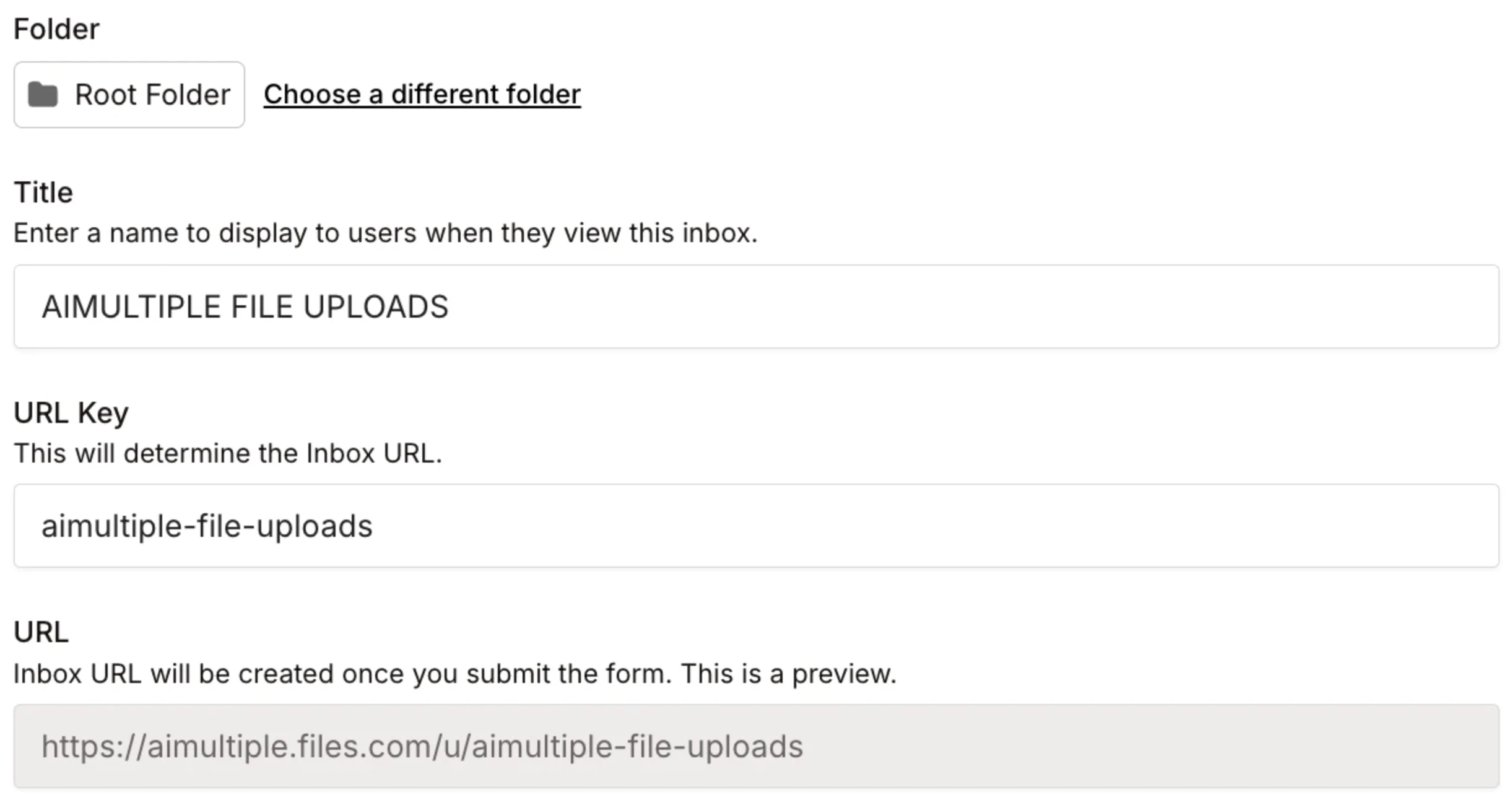 Inbox form showing title "AIMULTIPLE FILE UPLOADS", URL key "aimultiple-file-uploads", and URL preview Inbox form showing title "AIMULTIPLE FILE UPLOADS", URL key "aimultiple-file-uploads", and URL preview