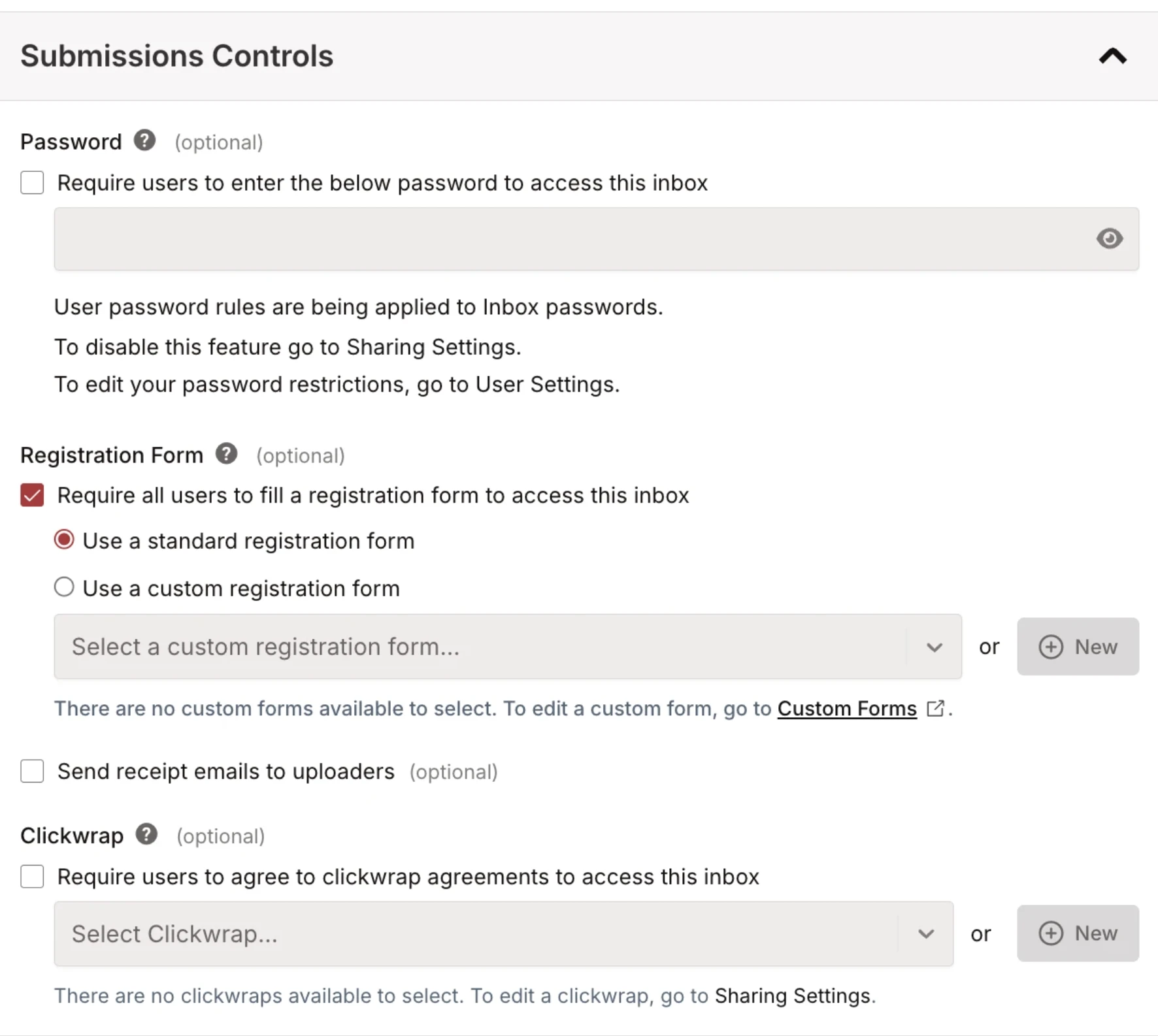 Submissions Controls section showing Password, Registration Form, and Clickwrap options Submissions Controls section showing Password, Registration Form, and Clickwrap options