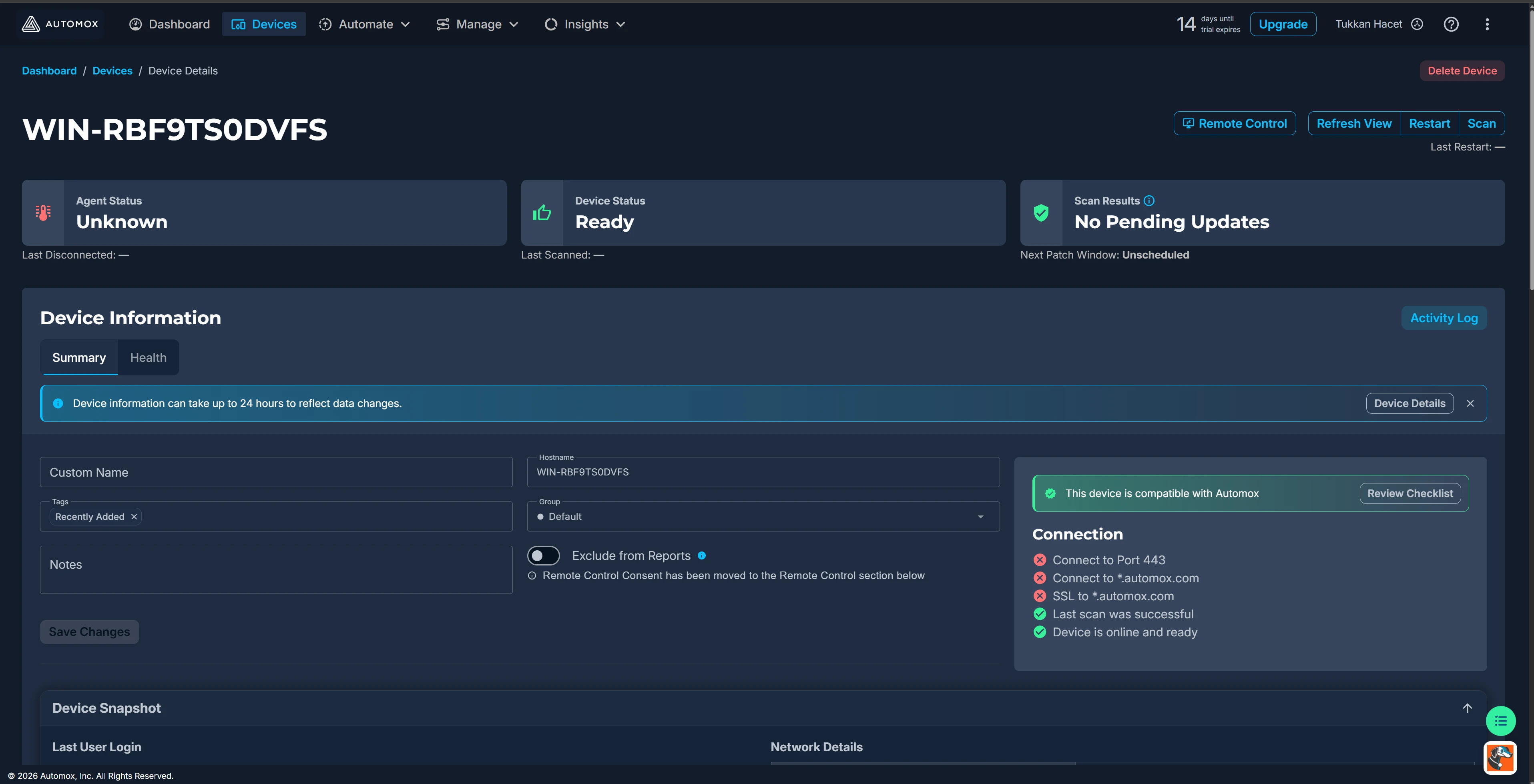 Device detail first open: Agent Status Unknown, Device Status Ready, Scan Results No Pending Updates